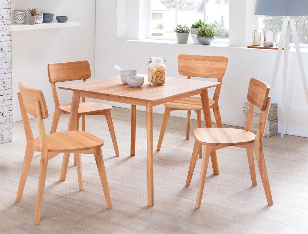 expendio Essgruppe Thiago, (komplette Tischgruppe, Spar-Set, 5-tlg), Holztisch Kernbuche 90x90 cm + 2x Stuhl Norina 11 + 2x Stuhl Norina 31