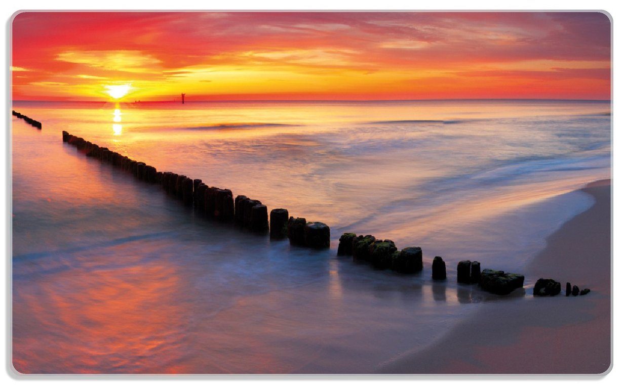 Wallario Frühstücksbrett Farbenspiel im Himmel - Sonnenuntergang am Strand, ESG-Sicherheitsglas, (inkl. rutschfester Gummifüße 4mm, 1-St), 14x23cm