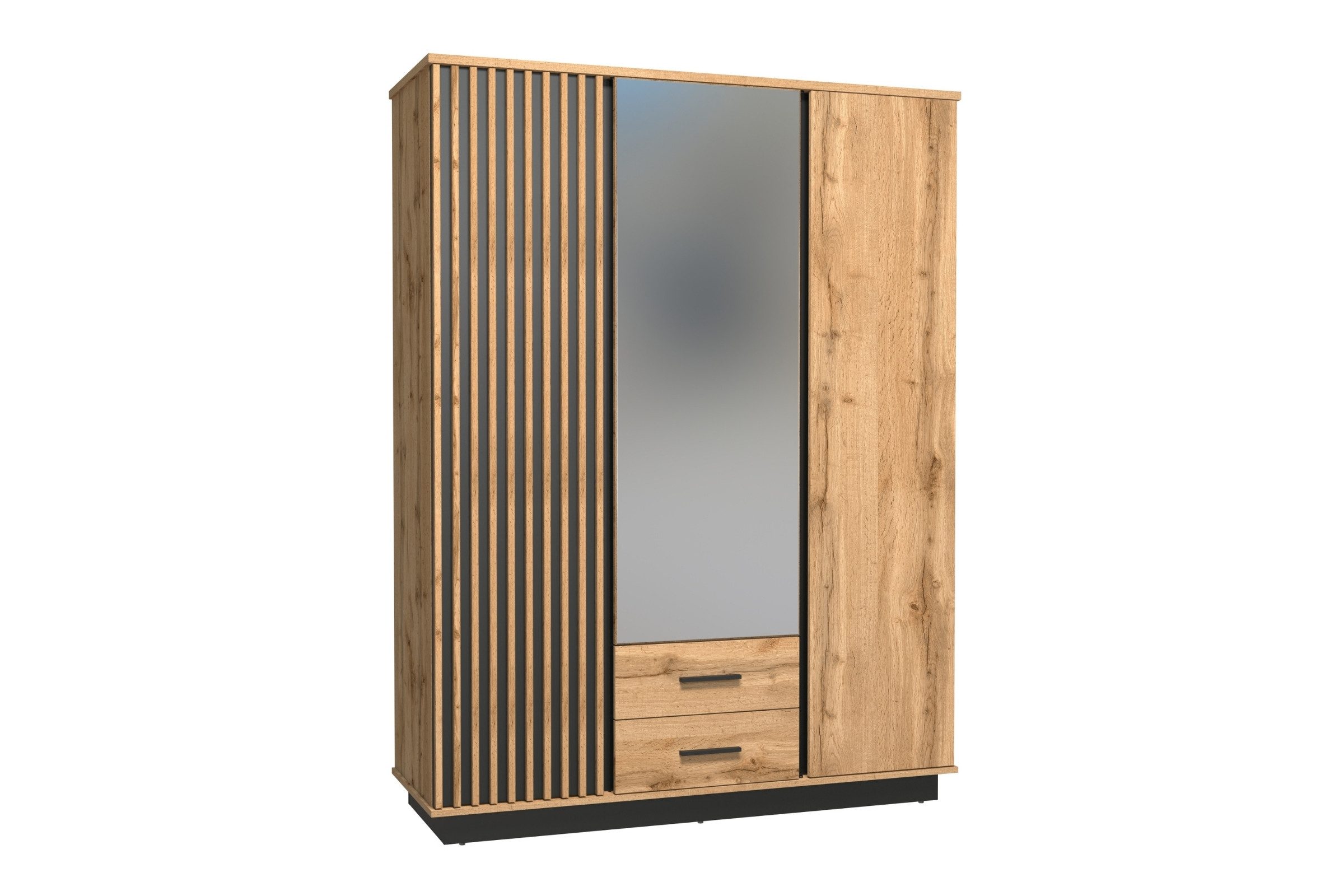 Deine Möbel 24 Kleiderschrank LAMI 15 mit Spiegel & 2 Schubladen, Wotan Eiche/Schwarz Matt/Lamellen (Ideal für Schlafzimmer, Flur, Garderobe & Jugendzimmer, 1-St., LAMI Kollektion) 145x193x52 cm