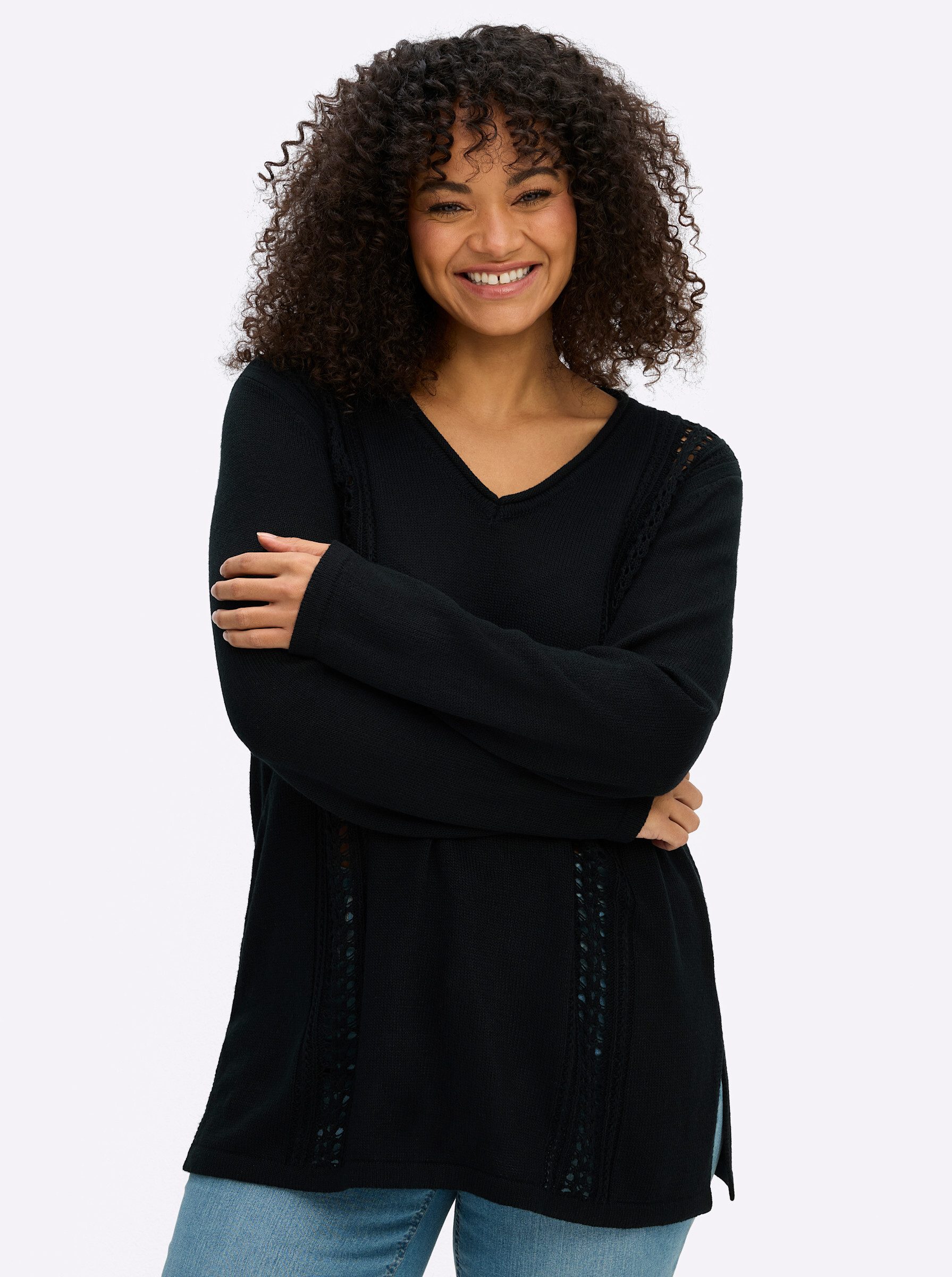 Sheego Strickpullover Langarm-Pullover Langarm Bändchengarn, Zopfmuster