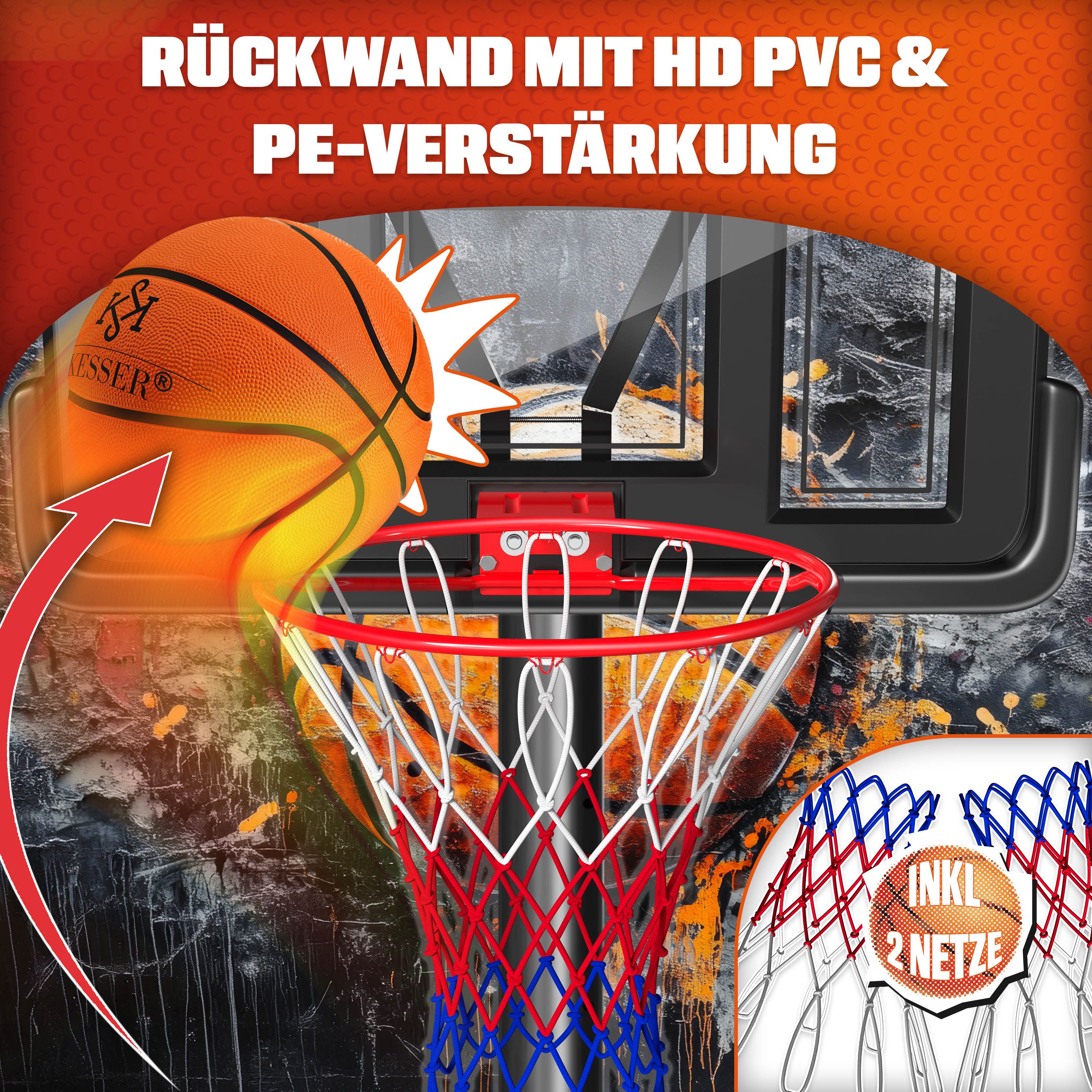 KESSER Basketballkorb 160-210cm Basketballständer Set mit Basketball, Pumpe & 2 Ersatznetzen, In- & Outdoor Basketballanlage mit Rollen für Kinder & Erwachsene – Bild 5 von 5