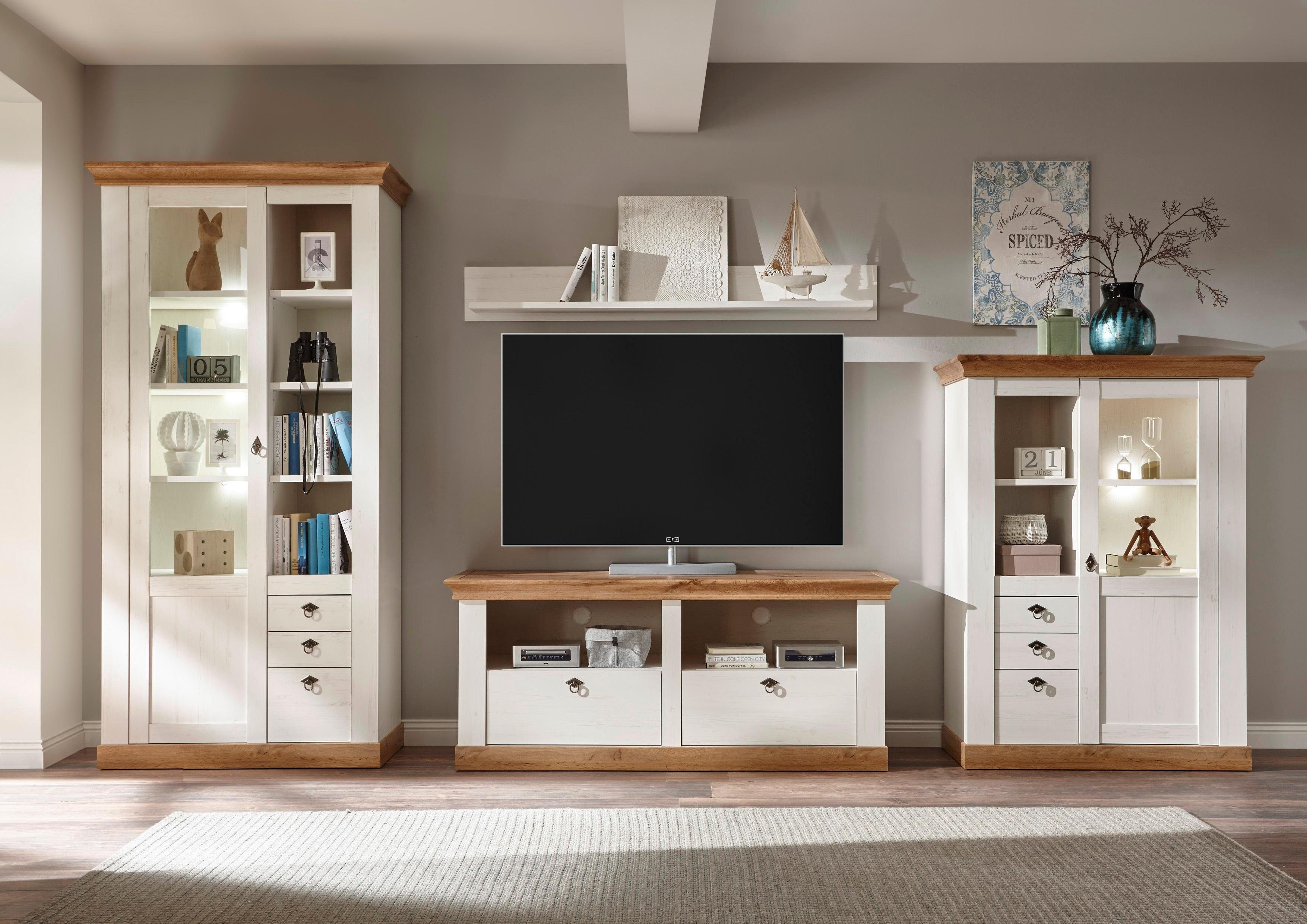 Home affaire Wohnwand Cremona, Anbauwand im Landhausstil, Komplettset, Wohnzimmer-Set, enthält Vitrinen, Lowboard und Wandboard, 376 cm breit