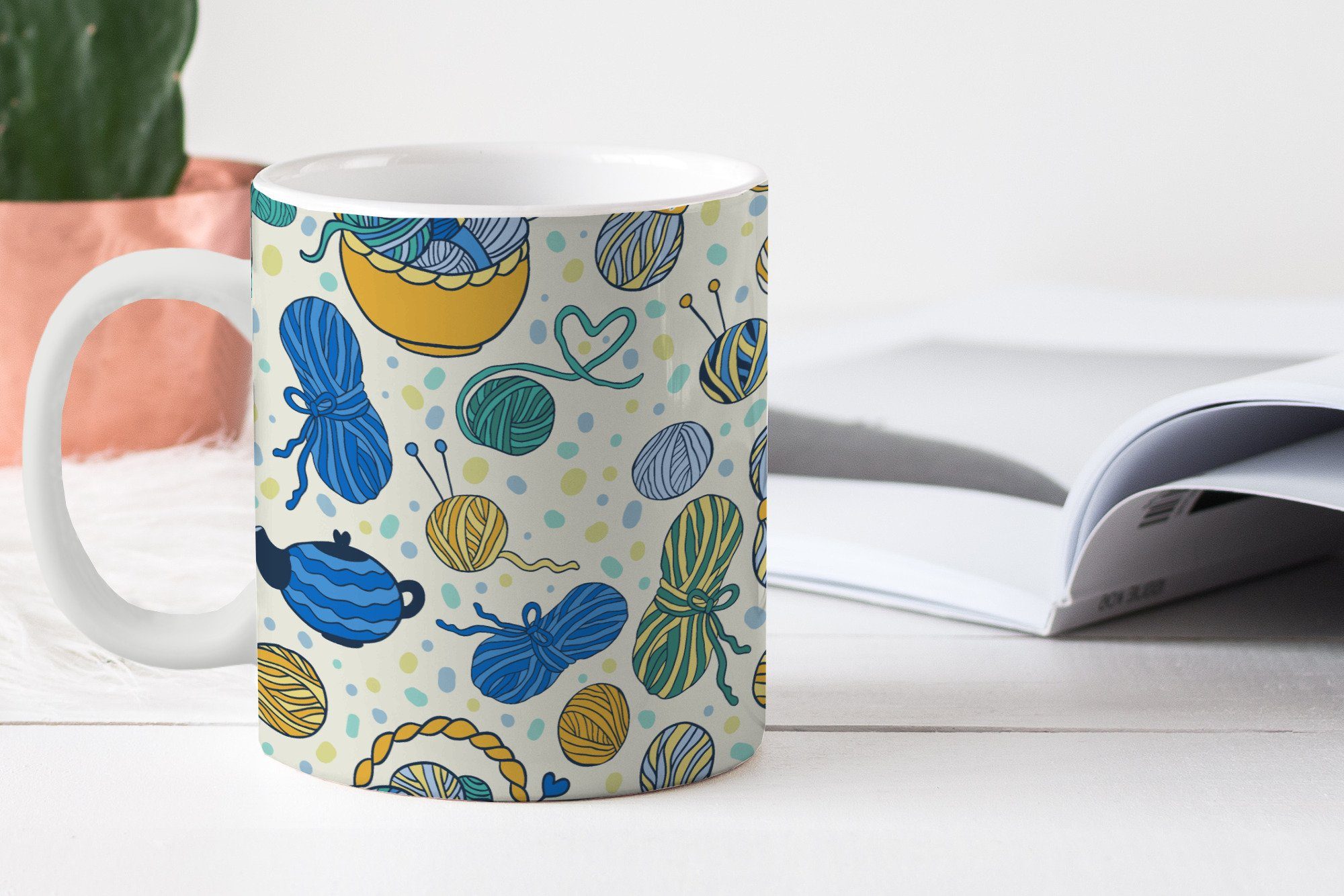 MuchoWow Tasse Stricken - Muster - Wolle, 1-tlg., Keramik, Kaffeetassen, Teetasse, Becher, Kaffeebecher, Geschenk