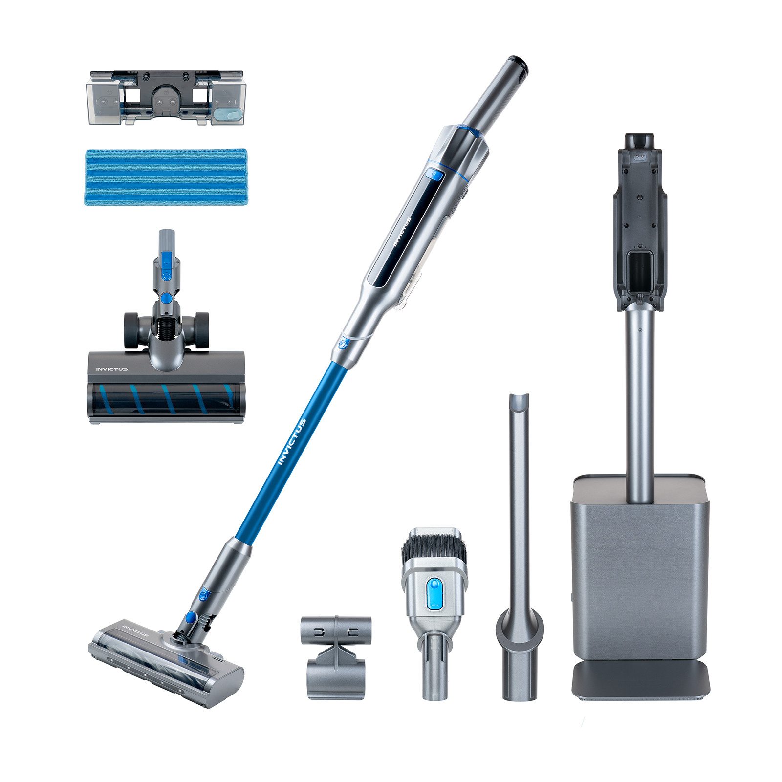 Genius Staubwischer Invictus ONE SL Hand- und Bodenstaubsauger mit Wischfunktion (Deluxe-Set, 18-tlg), inklus. Absaug- und Aufladestation