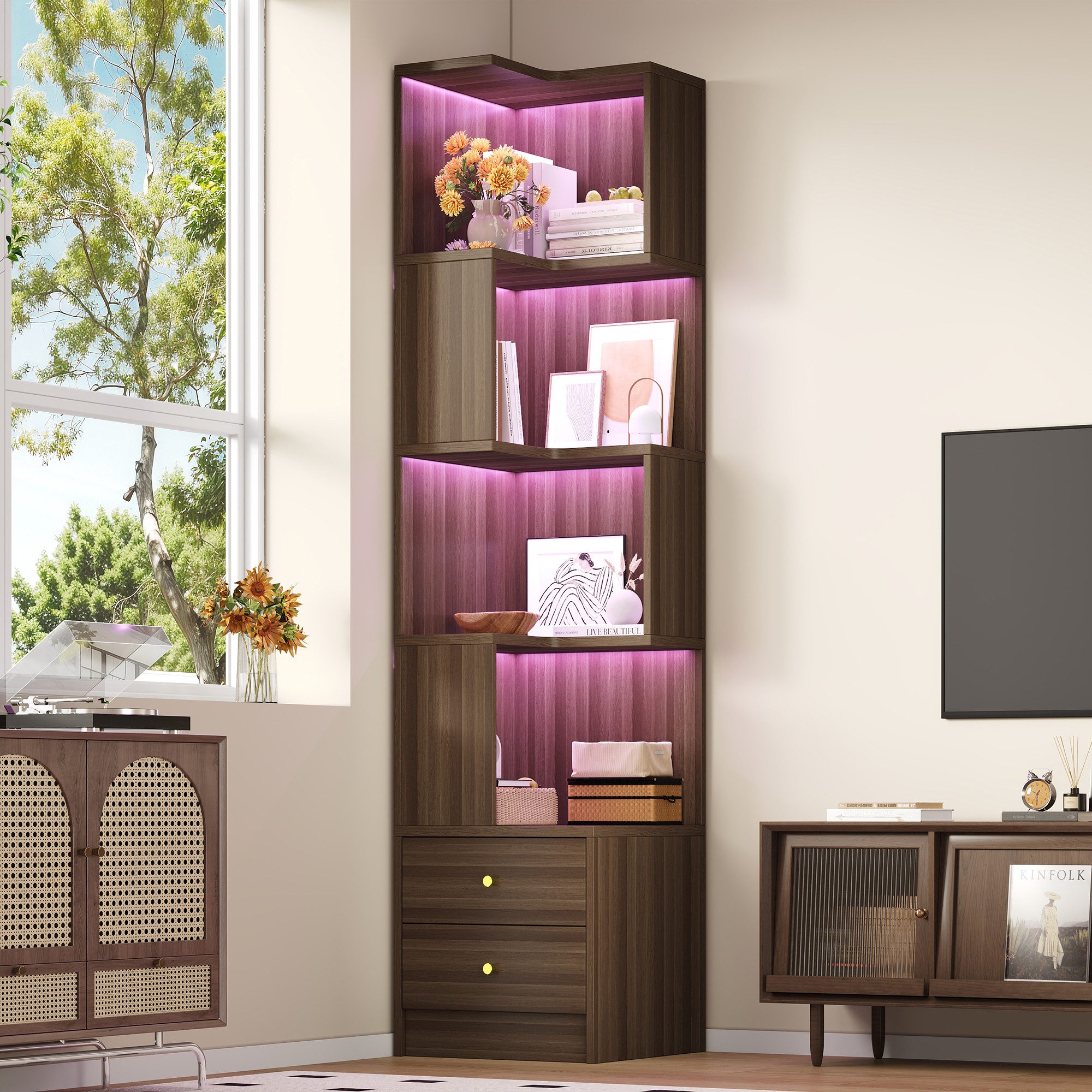 Flieks Bücherregal Standregal Eckregal mit LED-Beleuchtung und 6 Ebenen/5 Ebenen, B63,5/T45/H180 cm 1-tlg., Eckbücherregal mit 4 Fächer&2 Schubladen L-Form Hochschrank Nussbaum
