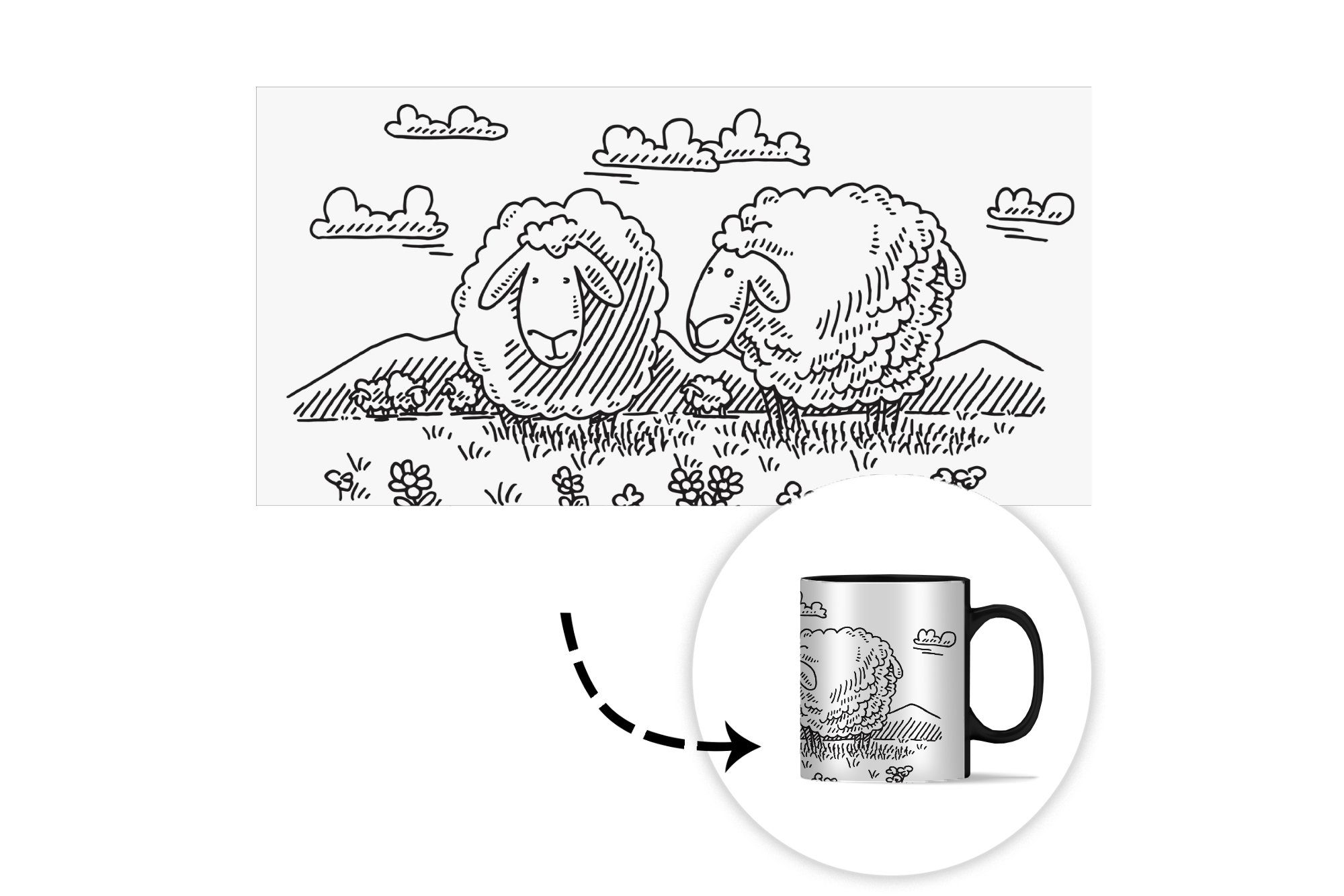 Keramik, der Illustration MuchoWow Kaffeetassen, Farbwechsel, Teetasse, Schafen Wiese, Eine zwei auf Zaubertasse, Tasse von Geschenk