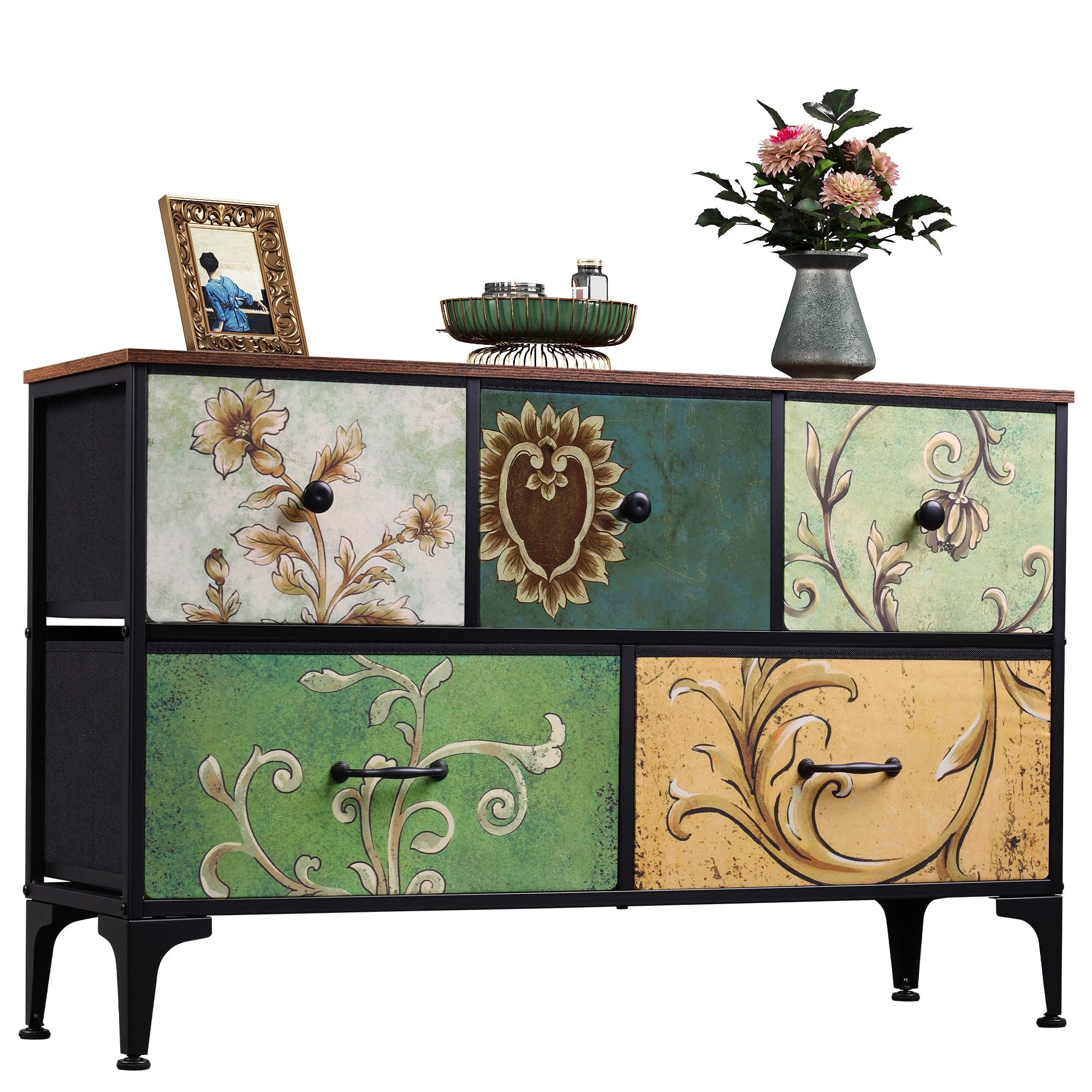 WLIVE Kommode Kommode mit Schubladen aus Stoff, Boho Vintage Schubladenschrank (Wohnzimmer & Flur, Holzoptik & Stoffschubladen, 5), dekorativer Aufbewahrungsschrank