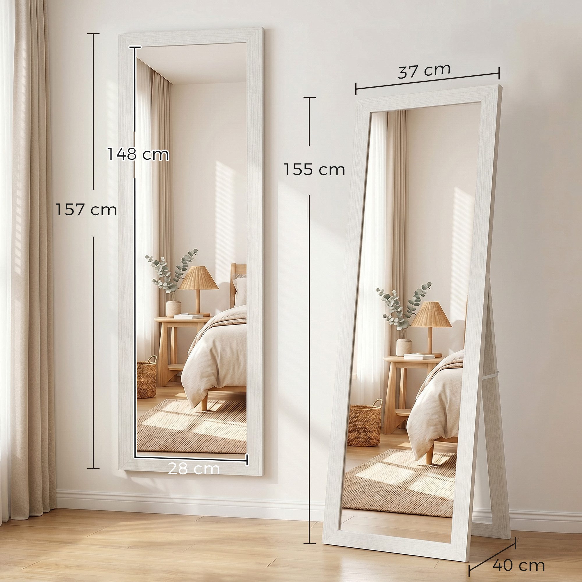 HOMCOM Standspiegel Ganzkörperspiegel Rechteckig, Holzoptik, groß, für Flur, Wohnzimmer (Stehspiegel, 1-St., Wandspiegel), für Wohnzimmer, Schlafzimmer, Weiß