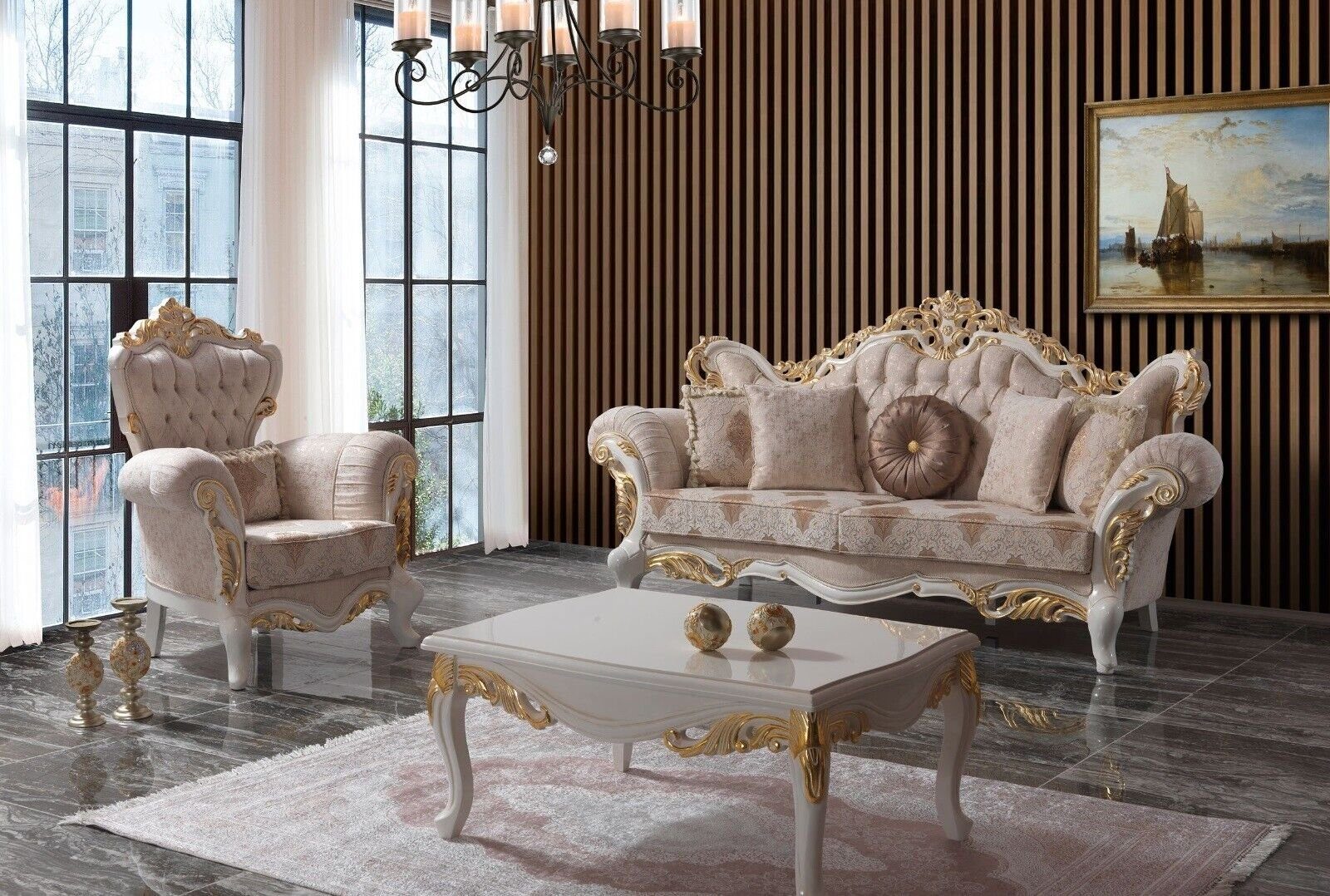 JVmoebel Wohnzimmer-Set Luxus Sofagarnitur Komplette Beige Sofa Sessel, (2-St., Nur 3 Sitzer + Sessel), Made in Europe
