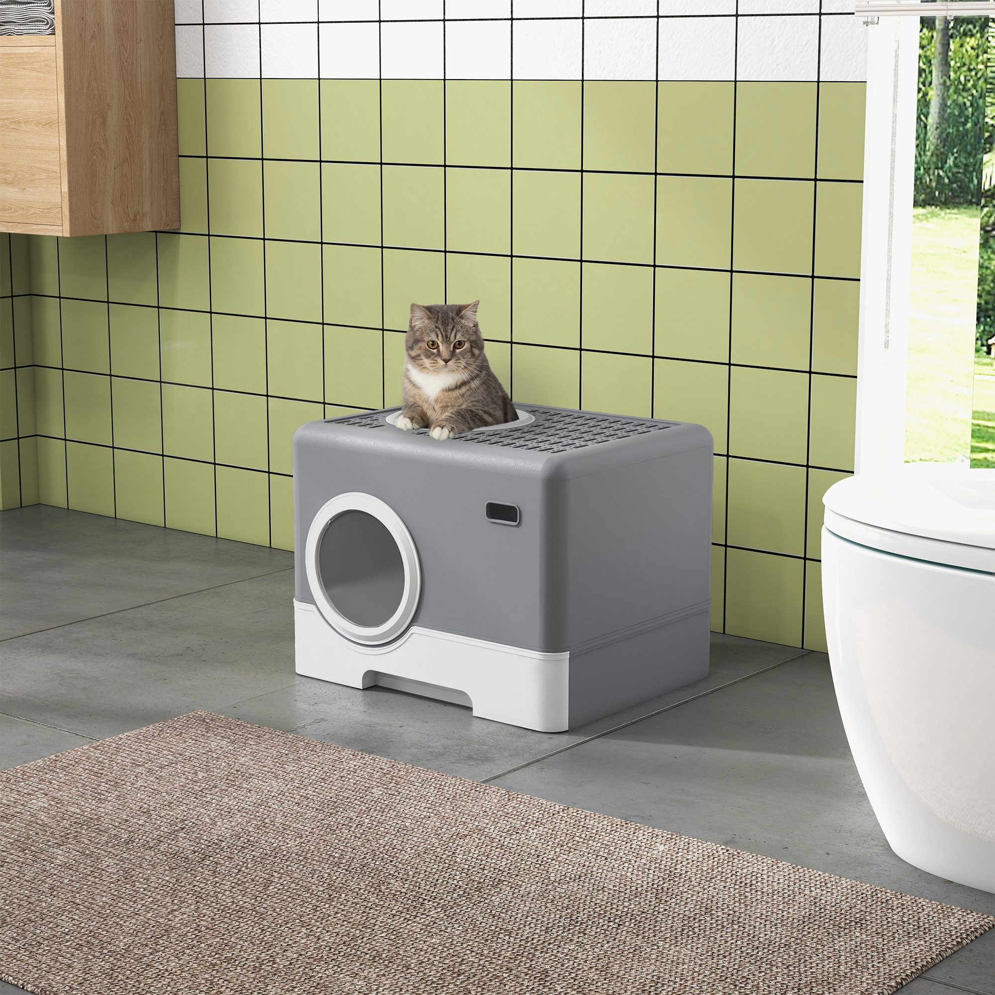 PawHut Katzentoilette Katzenklo mit Schaufel, 2 Ausgänge, Toilette für Katzen bis 4 kg, Kunststoff, Grau, 52 x 41 x 38,5 cm