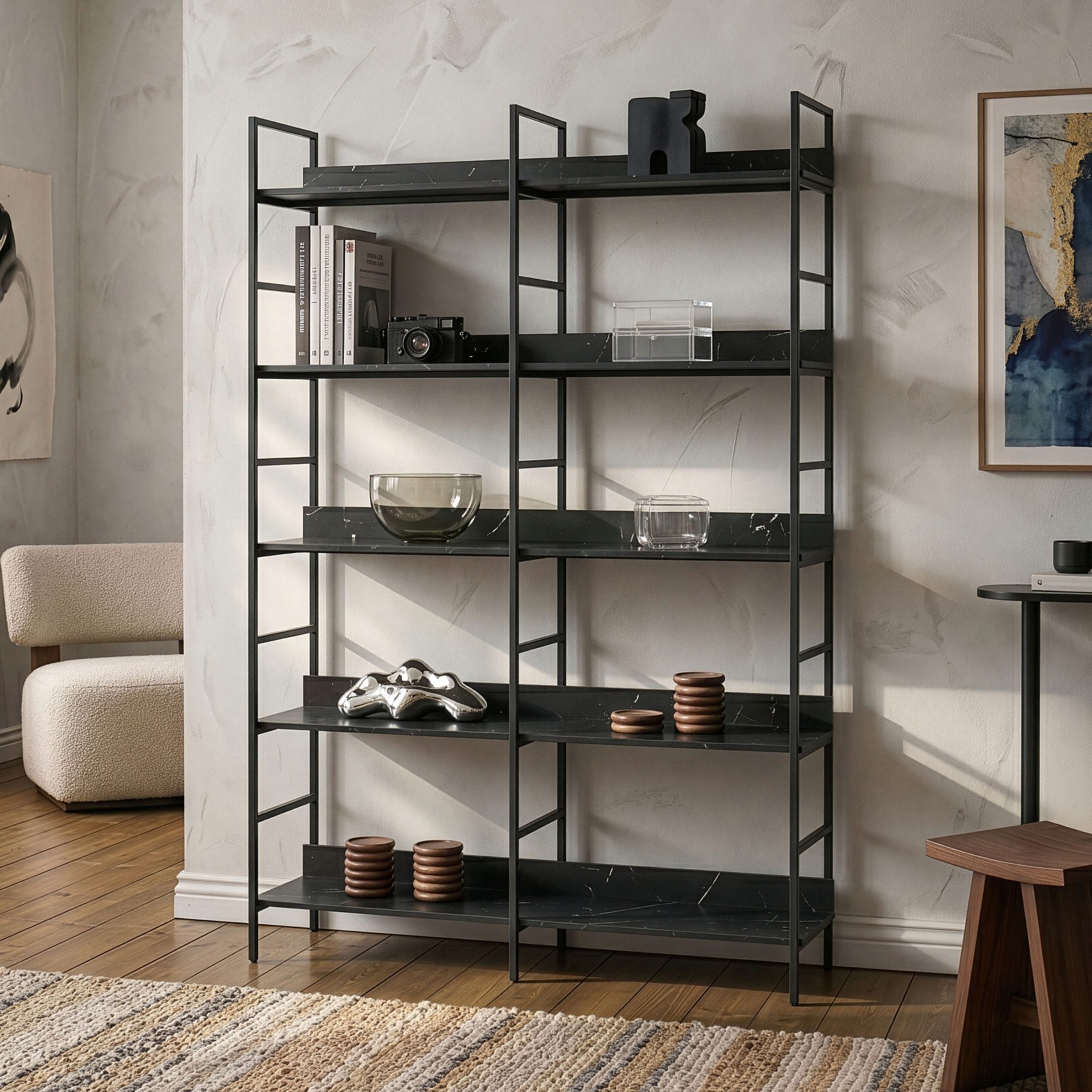 en.casa Bücherregal, »Noskik« 180 x 120 x 30 cm Schwarz / Marmoroptik, schwarz