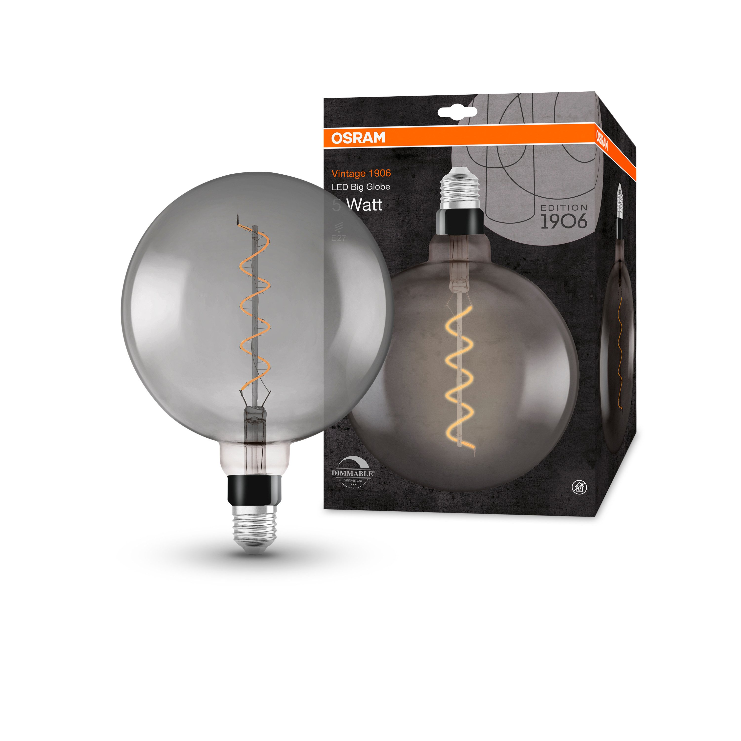 Ledvance LED-Leuchtmittel Vintage 1906 Big Globe 15 Filament DIM 4W 818 Smoke E27, E27, 1 St., Warm Comfort Light, Einfacher Austausch von Standardglühlampen