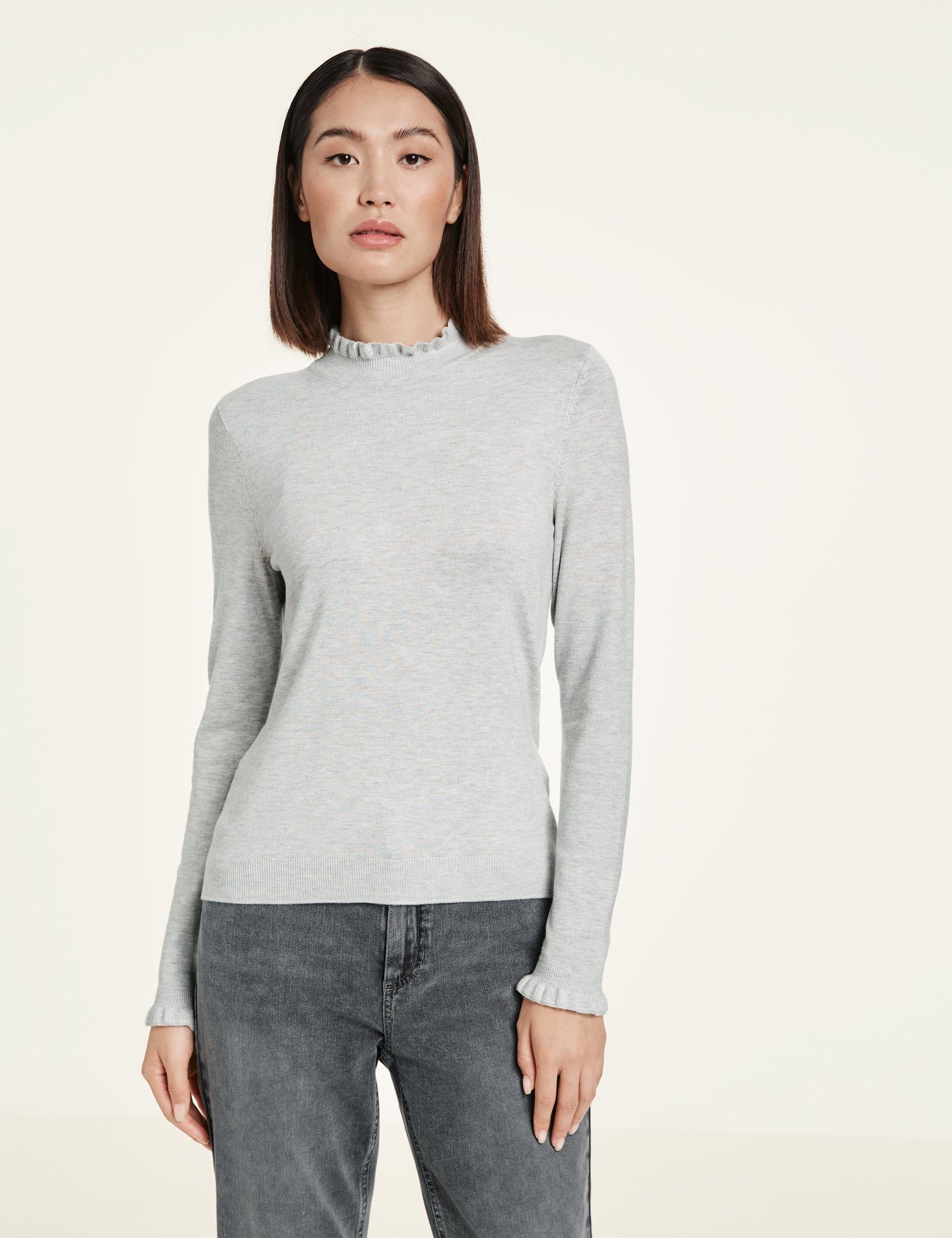 mit Shine Rundhalspullover Taifun Silver Melange Rüschenkanten Pullover