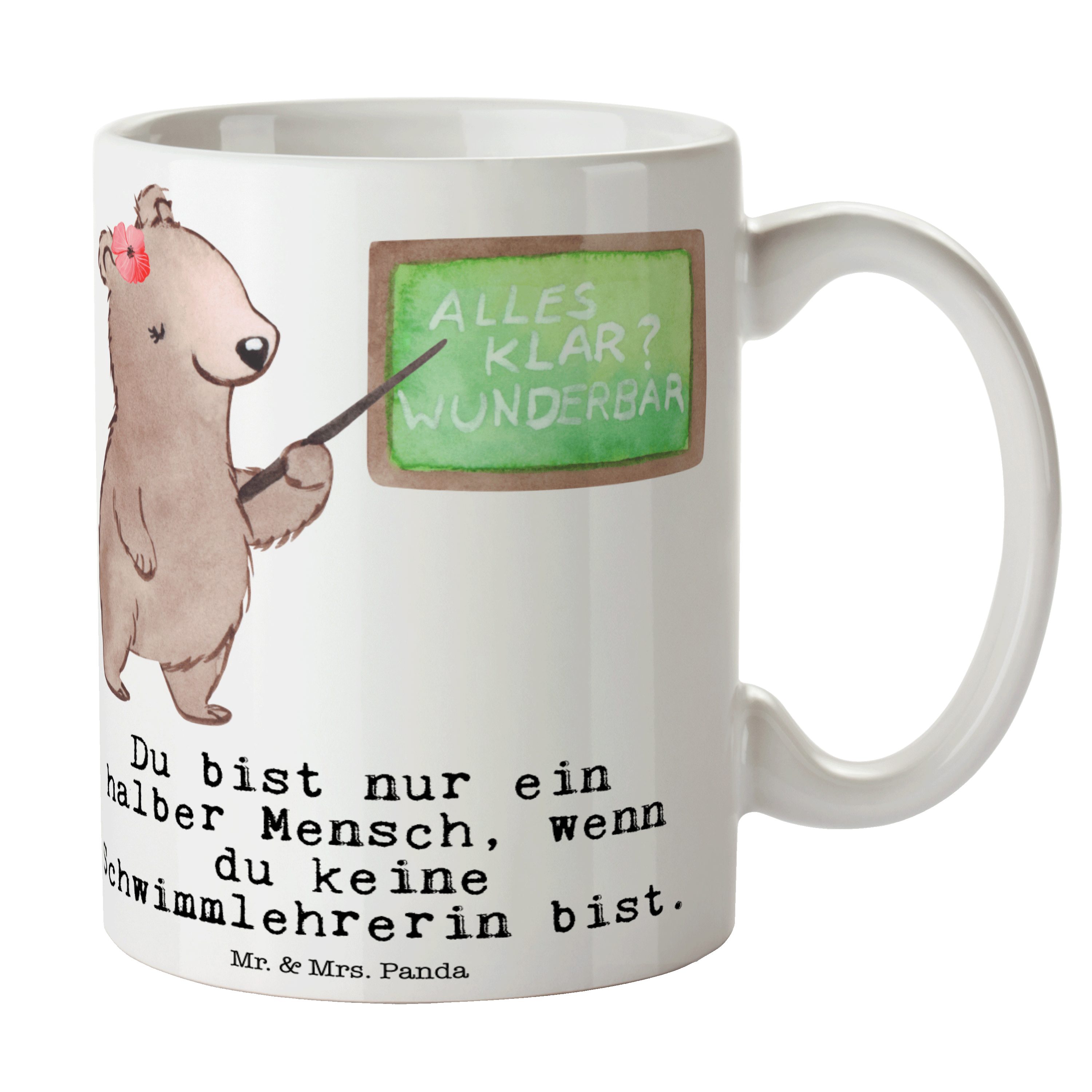Weiß Schwimmlehrerin - Mrs. Tasse & Schwimmabzeichen, Herz Keramik - Geschenk, mit Mr. Schwimm, Panda