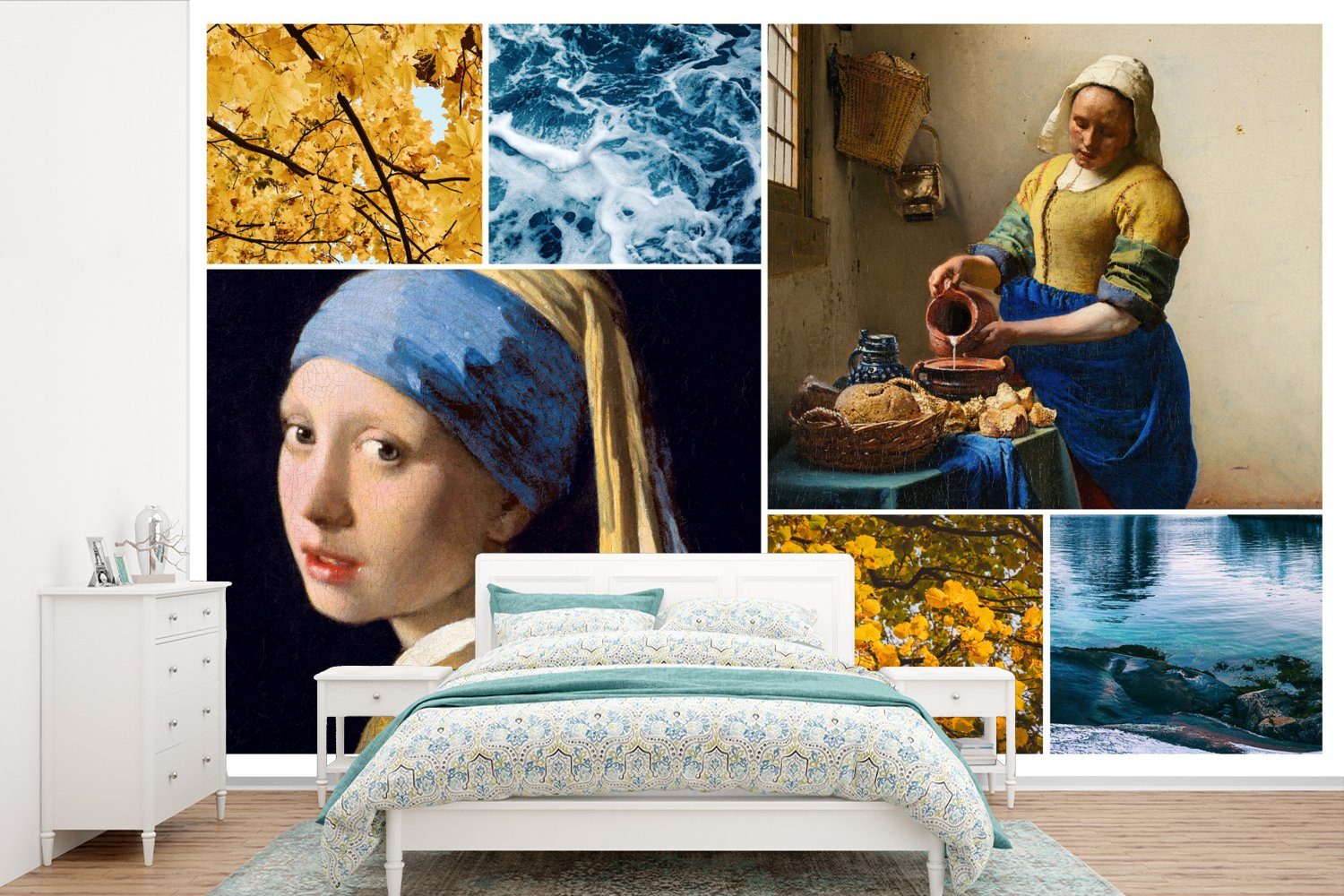 MuchoWow Fototapete Vermeer - Collage - Milchmädchen, Matt, bedruckt, (6 St), Wallpaper für Wohnzimmer, Schlafzimmer, Kinderzimmer, Vinyl Tapete