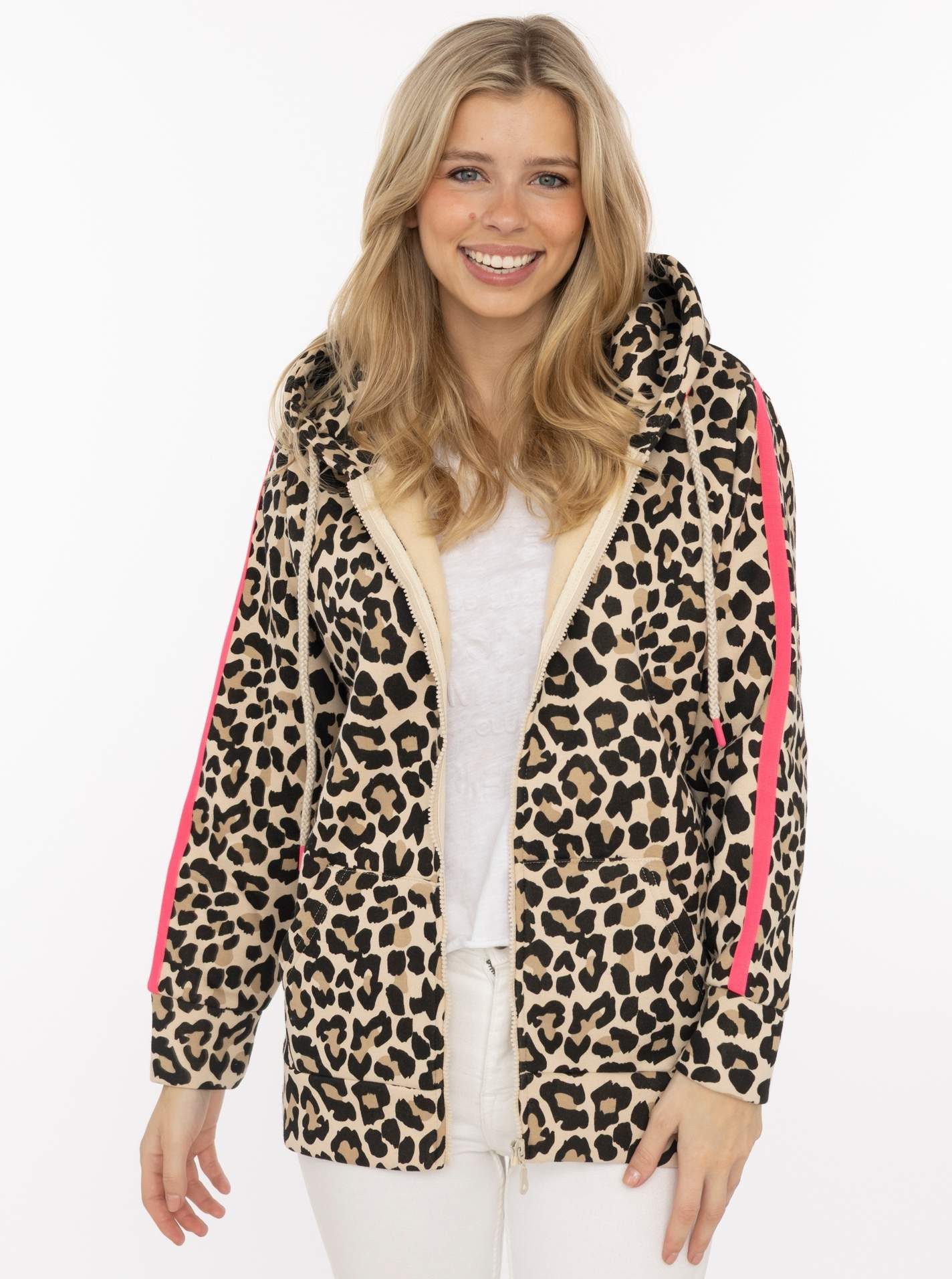Zwillingsherz Kapuzensweatjacke "Leo Stripe" Leomuster, pinker Streifen am Arm, Kapuze mit Kordel, Tasche, Zipper