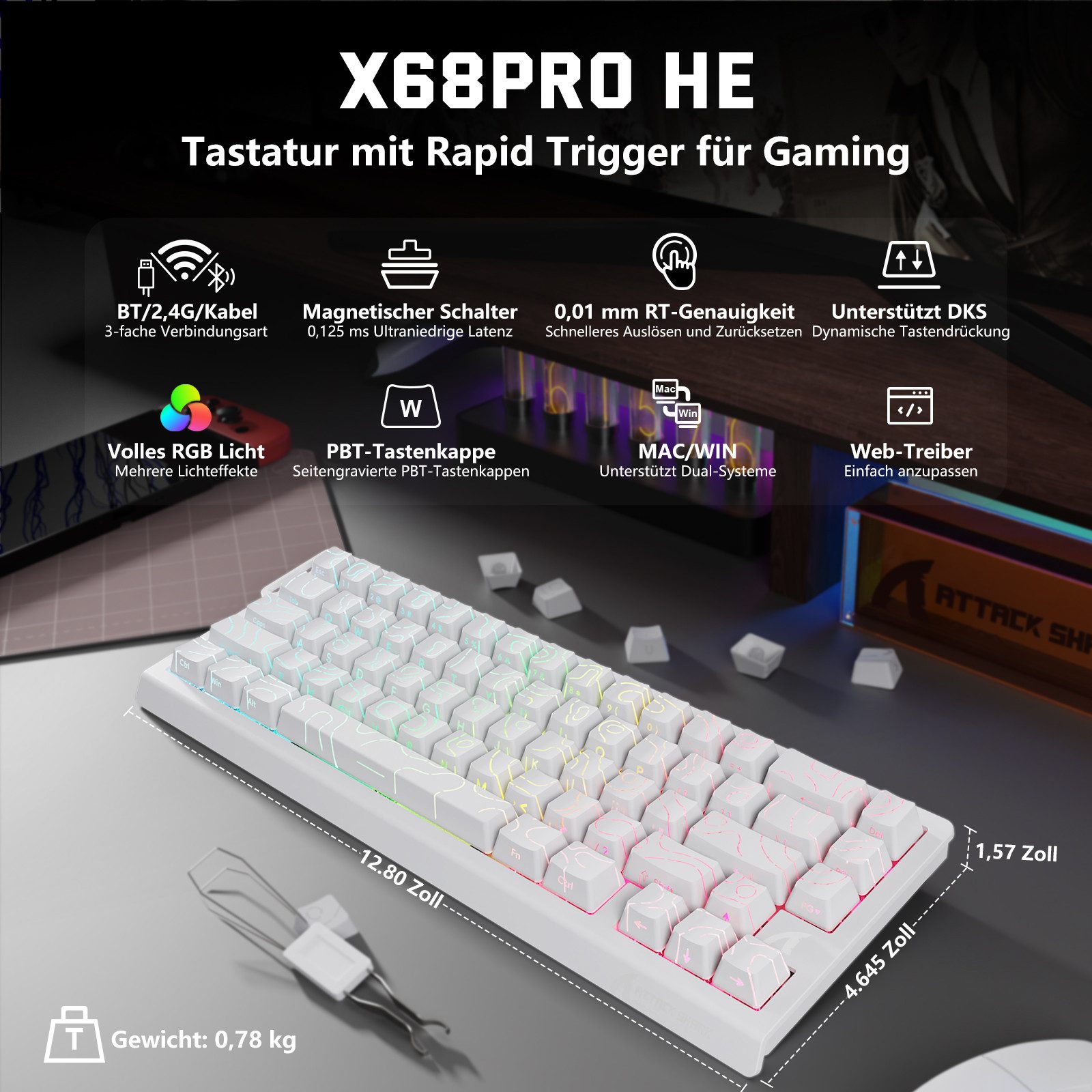 ATTACK SHARK X68PRO HE 8KHz Rapid Trigger Wireless Gaming-Tastatur,0,01mm RT Gaming-Tastatur (Hall-Effekt-Magnetschalter,BT/2.4G/Kabel,RGB)