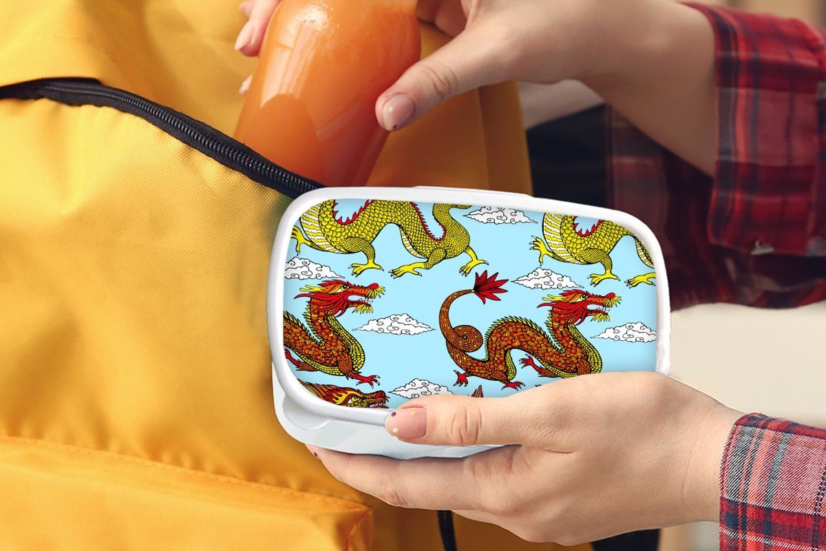 und Lunchbox Muster, Jungs für Brotbox - Drache Chinesisch MuchoWow Brotdose, (2-tlg), und Kinder Mädchen für Erwachsene, weiß Kunststoff, -