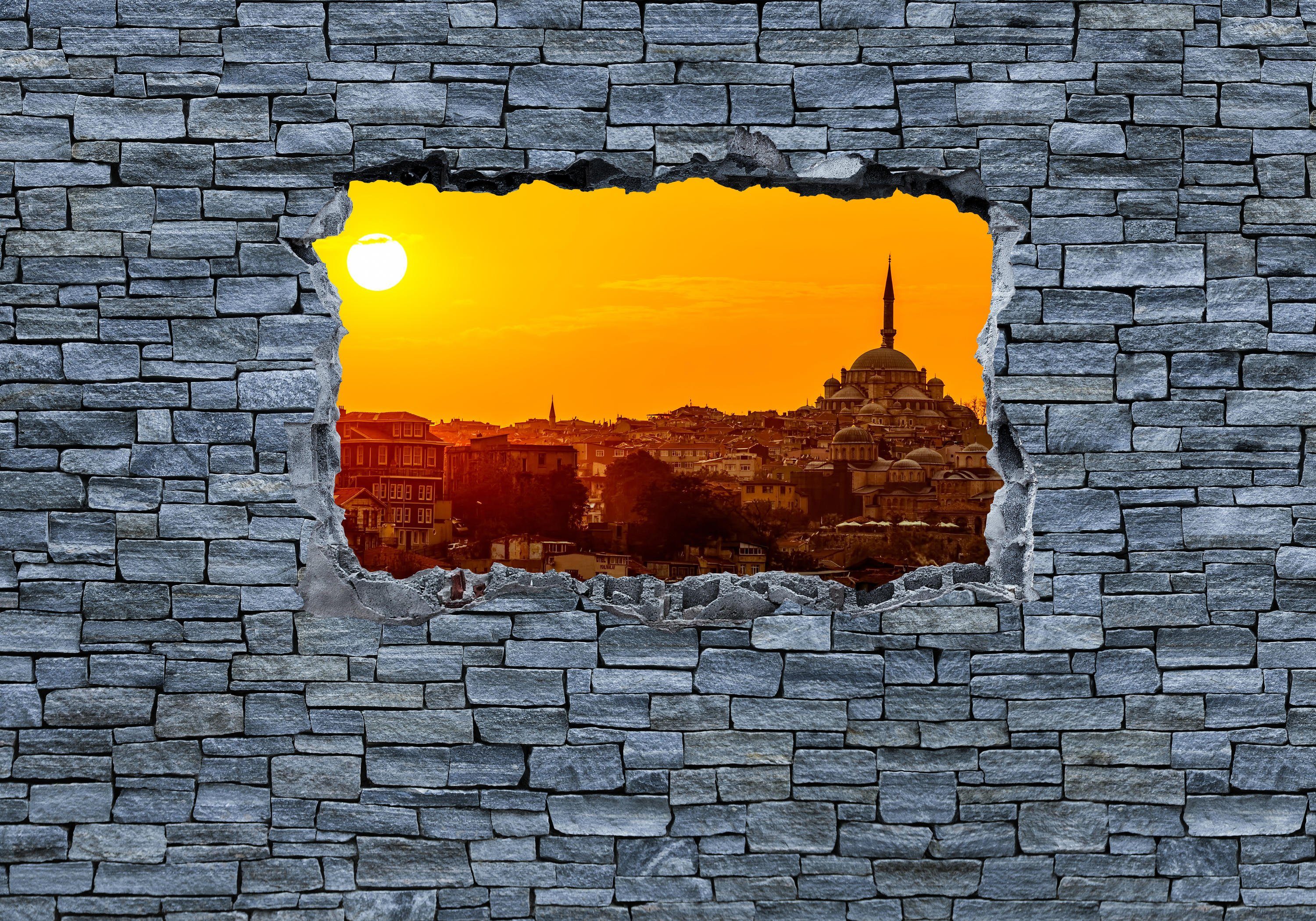 wandmotiv24 Istanbul Motivtapete, glatt, Fototapete Steinmauer, Wandtapete, - Sonnenuntergang matt, Vliestapete 3D grobe