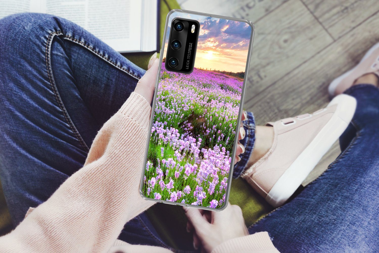 MuchoWow Handyhülle für Huawei P40 Blumen - Lavendel - Lila - Himmel - Sonnenuntergang - W, Handy Case, Silikon, Bumper Case Dünn
