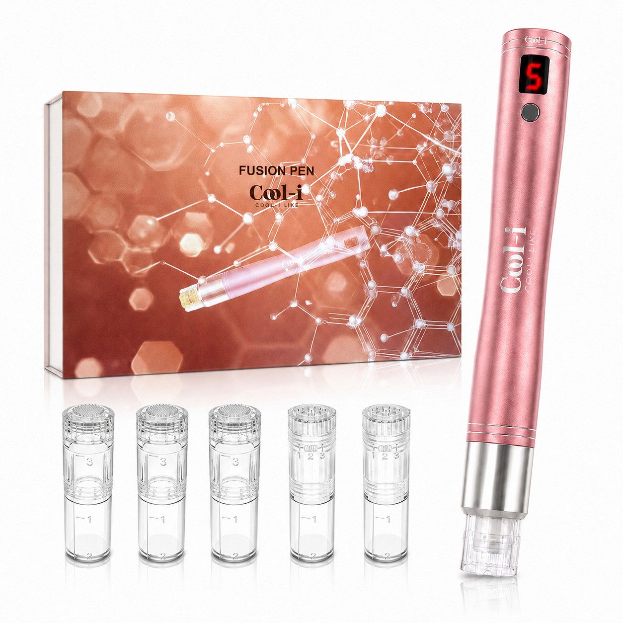 COOL-i ® Dermaroller Fusion Pen, neue Generation mit 3 Nano und 2 12-Pin-Kartuschen, einstellbarer Flüssigkeitsabgabe, 5 Stufen & Sicherheitsstopp