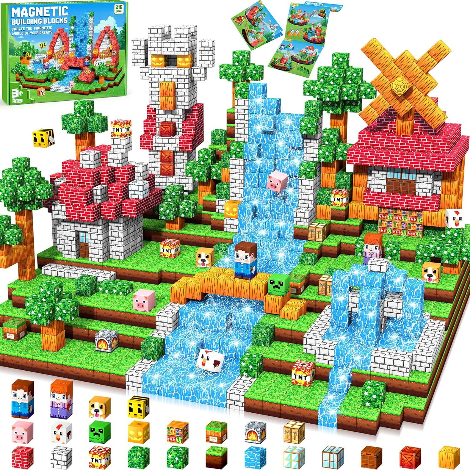 POPOLIC 216 Teile Magnetische Bausteine - Magnetbausteine Magnetspielzeug Magnetspielbausteine, (1 St., Magneten Kinder Magnetische Bauwelt Spielzeug Magnetblöcke), für Kinder ab 3 4 5 6 7 8 9 Jahre Verstaubare Halloween Christmas