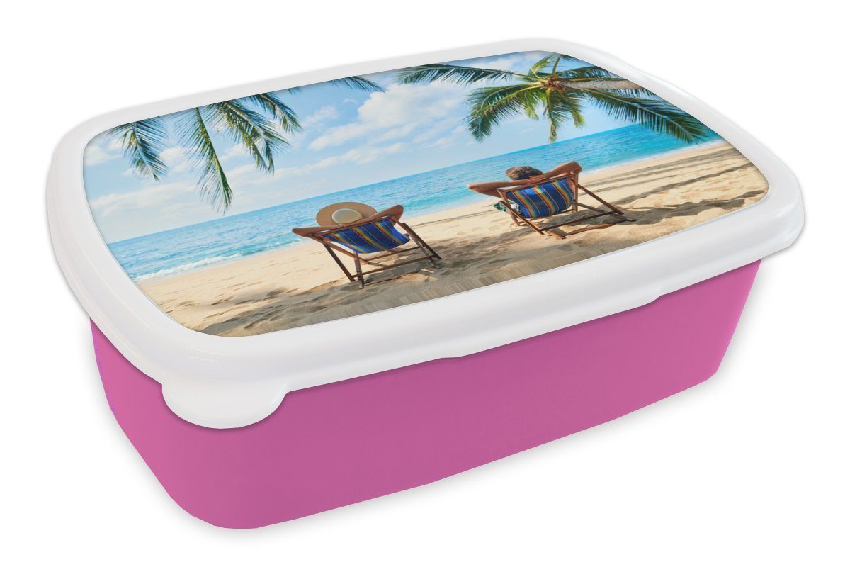 MuchoWow Lunchbox Strand - Sommer - Palmen, Kunststoff, (2-tlg), Brotbox für Erwachsene, Brotdose Kinder, Snackbox, Mädchen, Kunststoff rosa