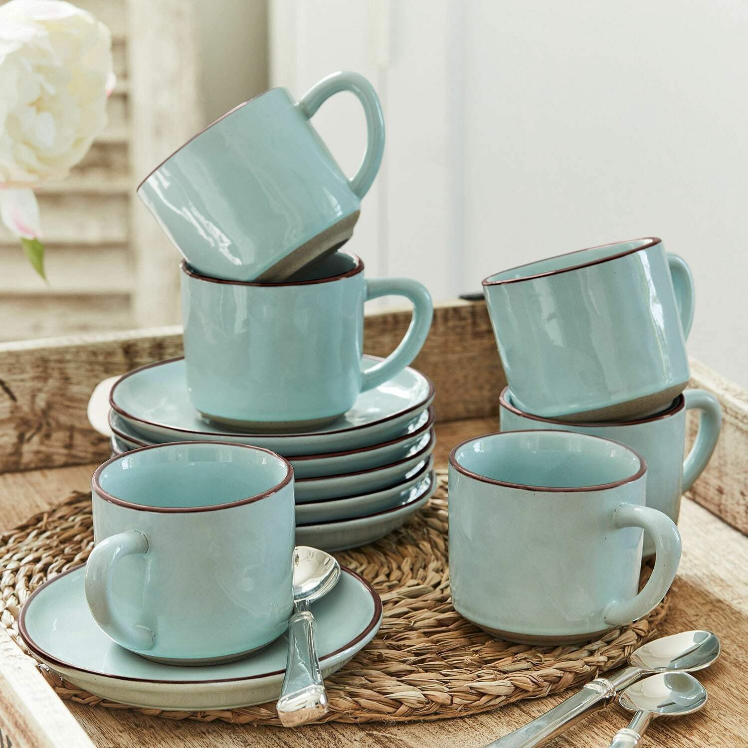 Mirabeau Geschirr-Set Tasse mit Untertasse 6er Set Biarré türkis, Steinzeug