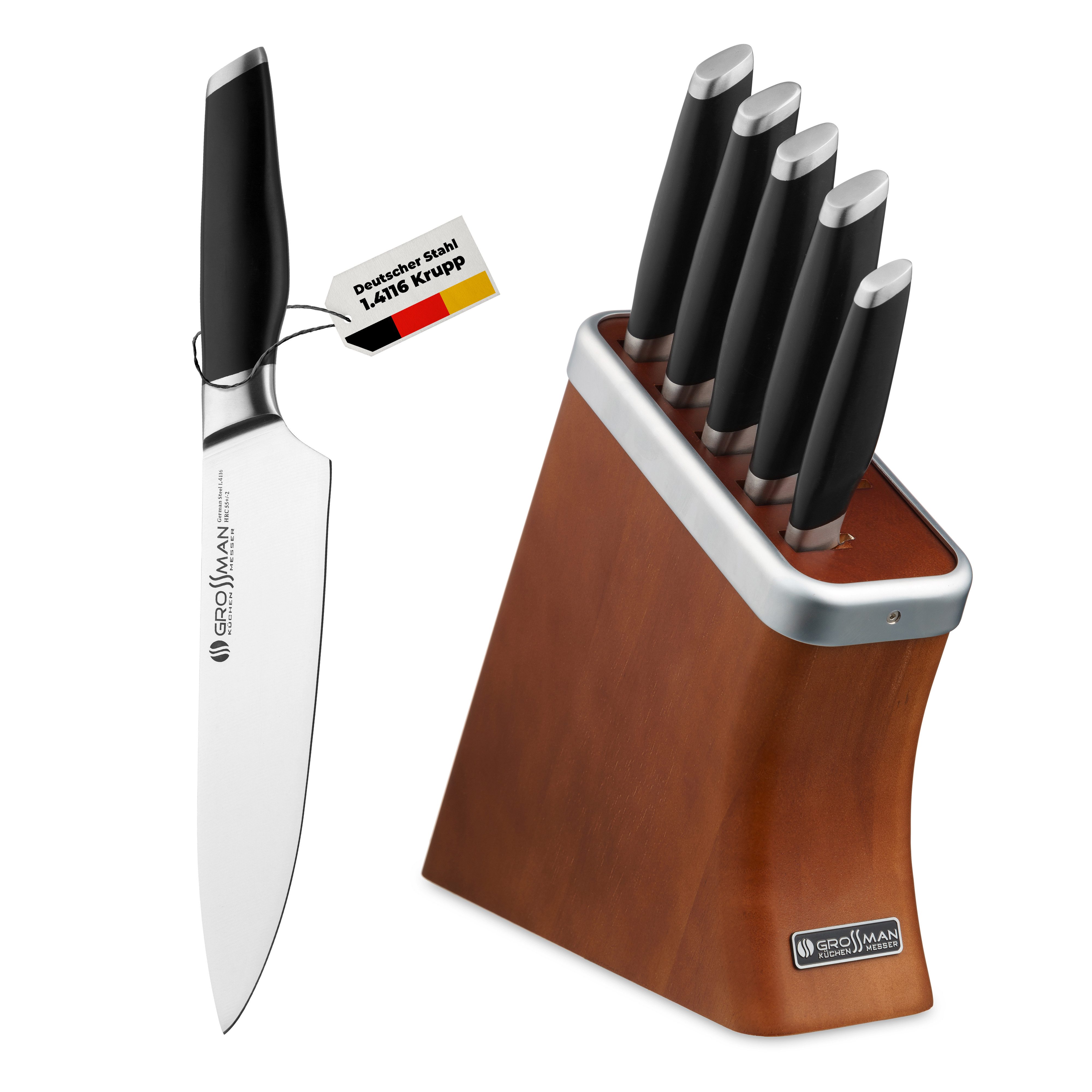 GROSSMAN Messerblock SL3084F Woodstock 5-teilig, deutscher Edelstahl, Gummibaum
