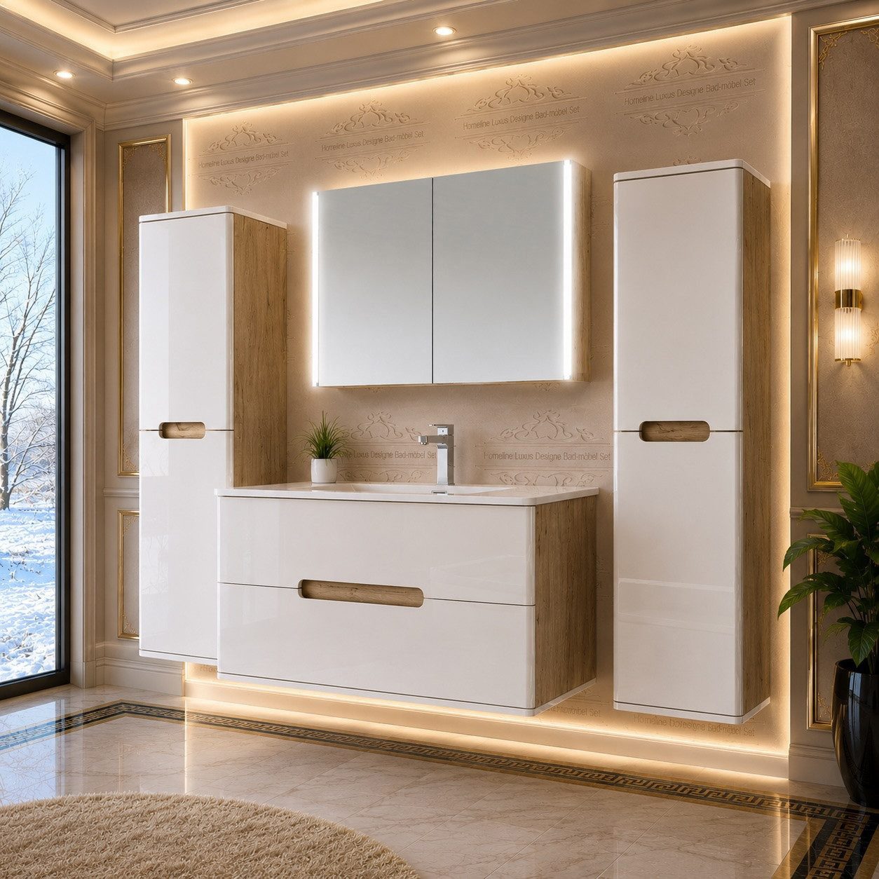 Homeline Badezimmer-Set Badezimmer Möbel Badmöbel Set Eiche/Weiß Hochglanz Spiegelschrank, (5 Tlg, 5-St., Badezimmer Möbel), Soft close system