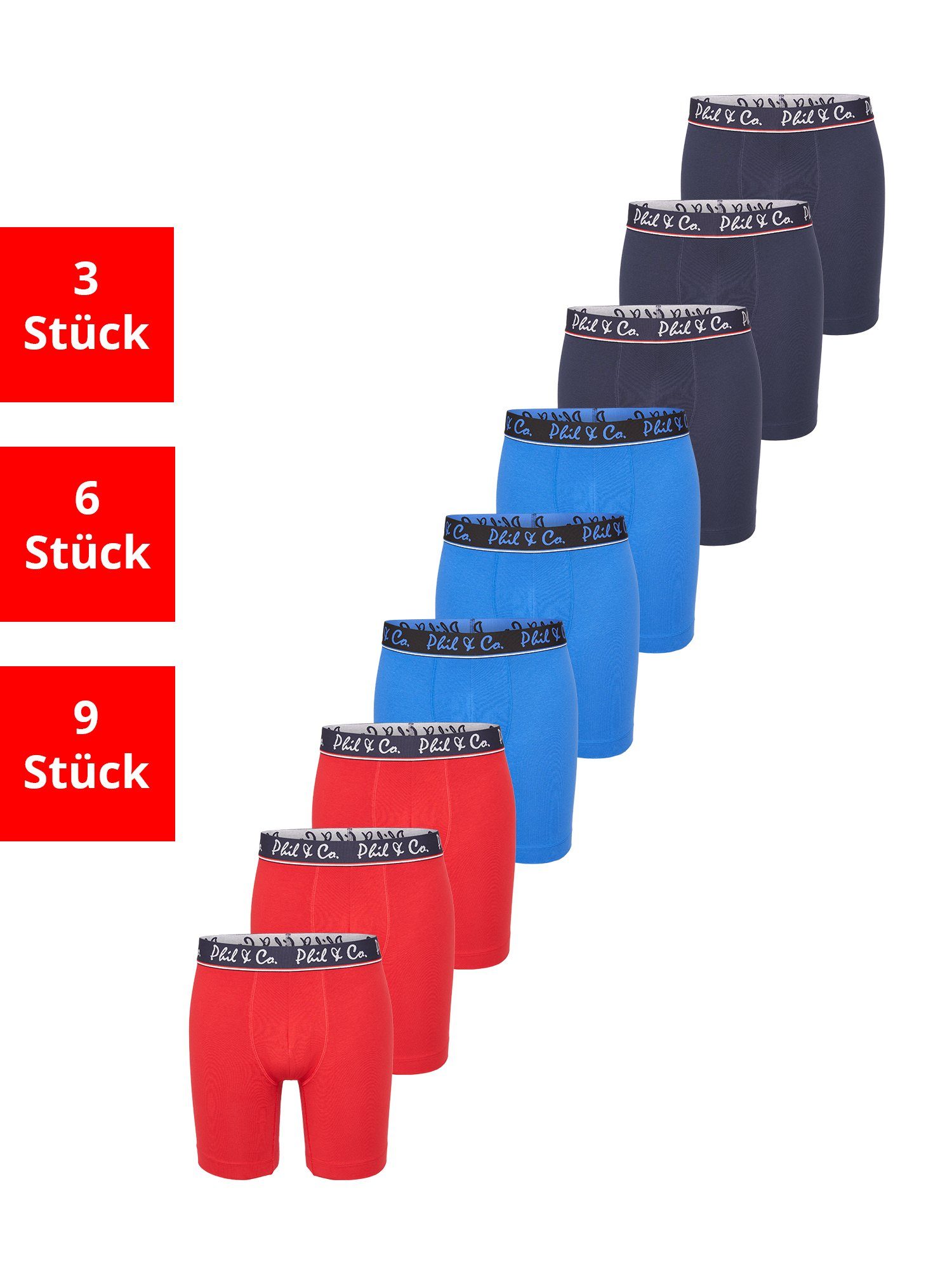 Phil & Co. Langer Boxer Long Boxer Briefs - langes Bein - Jersey - ohne störendes Etikett (9-St) Retroshorts Boxershorts Multipack Mehrpack Baumwolle Herren 9-Pack