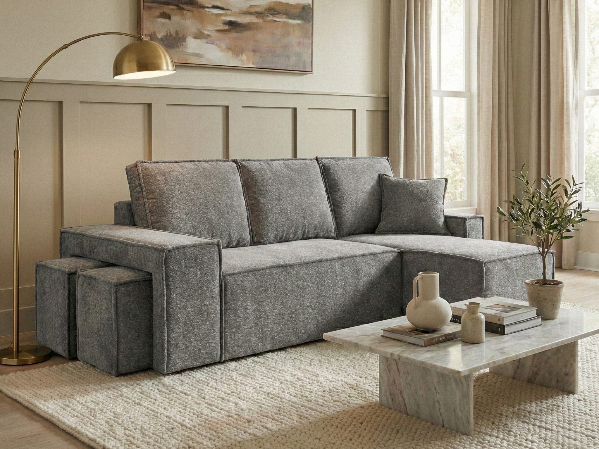 Beautysofa Ecksofa Colby mit Schlaffunktion & Bettkasten, L-Form Sofa mit 2 Hockern, universelle Schlafsofa in Grautönen, Liegefläche 204x137 cm