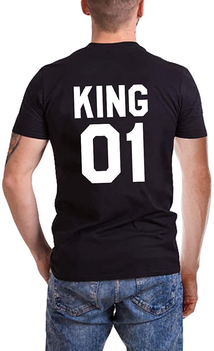 und T-Shirt Rückenprint T-Shirt King modischem Couples Brust- Shop Paar Schwarz & Queen mit / KING
