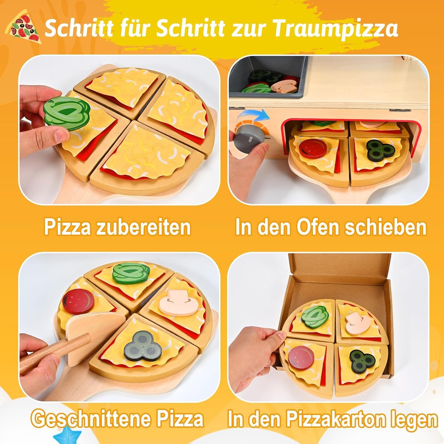 CLTYQ Spielküche 50PCS Interaktive Holz-Pizza-Spielsets, Kinderküche Zubehör, Rollenspiel Lernspielzeug Holzspielzeug - Jungen Mädchen Geschenk