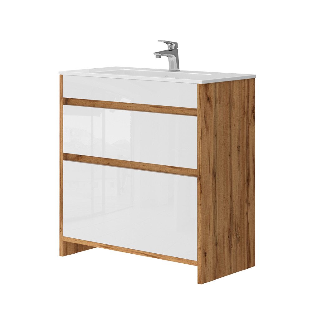Badmöbel-Set Detmold, Goldkraft Eiche/Weiß Hochglanz, 2 Teile, Unterschrank 80 cm