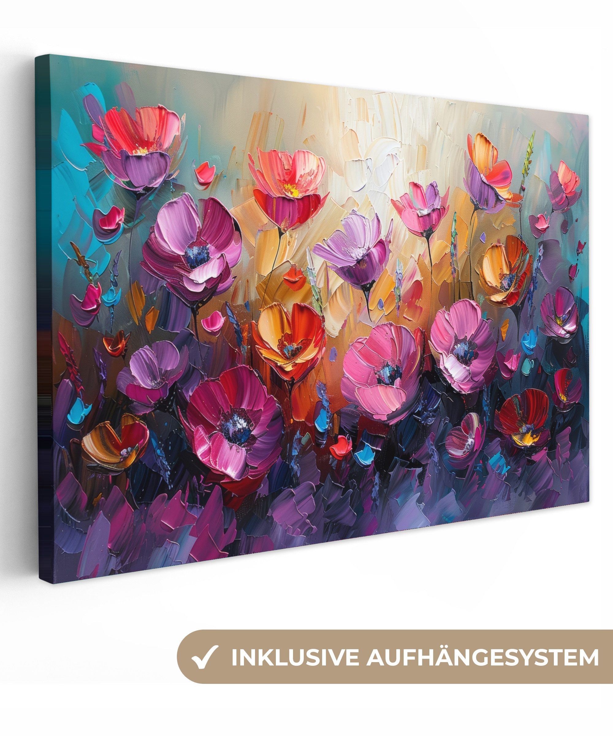 OneMillionCanvasses® Leinwandbild Blumen - Lila - Farbenfroh - Handbemalt - Kunst, Fotodruck (1 St), Leinwände Wanddeko Wohnzimmer Schlafzimmer 60x40 cm