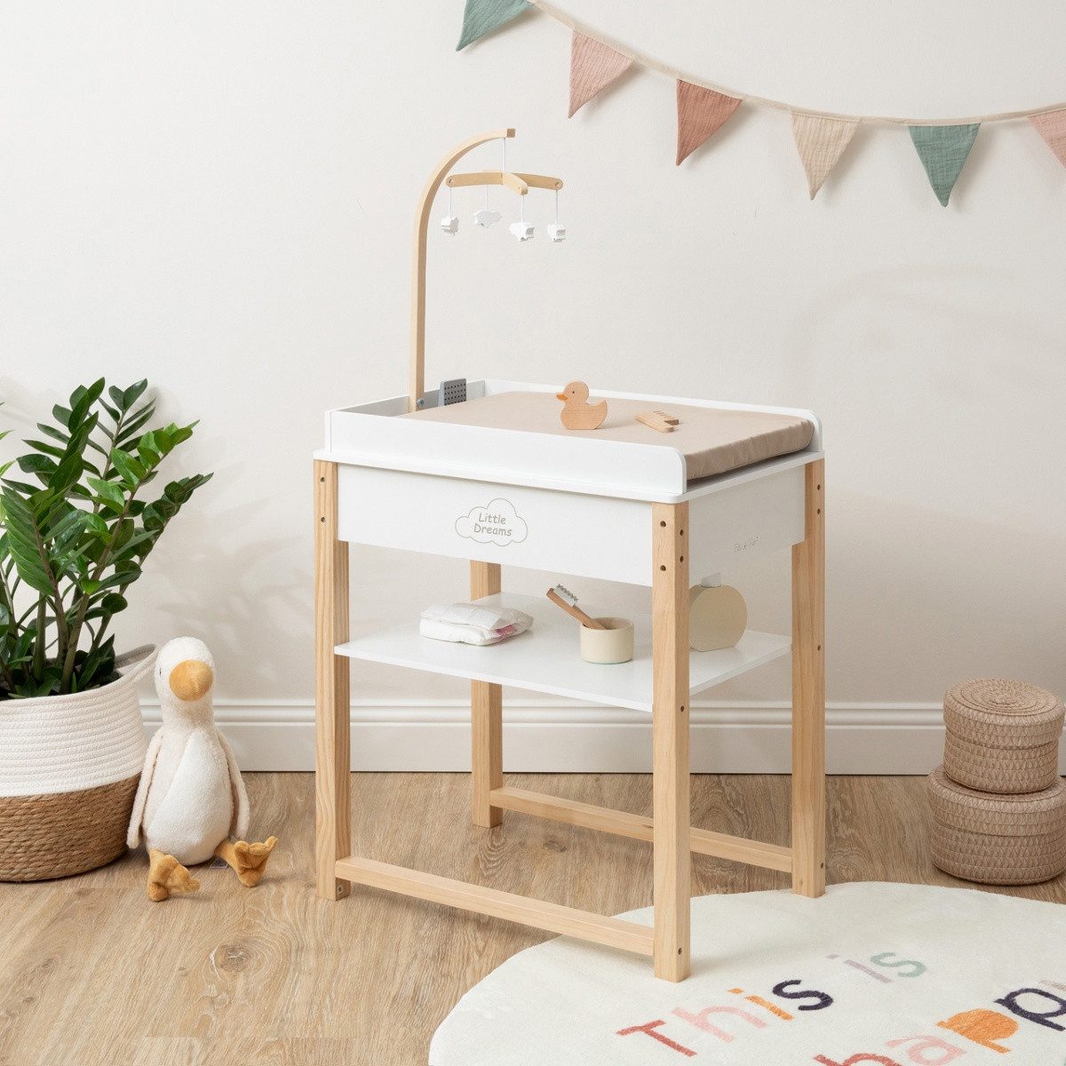 ELLA & PIET® Puppenwickeltisch SPLASHY mit Badewanne und Mobile aus Holz (Weiß-Schlamm), Puppenbadewanne, Badewanne für Puppen