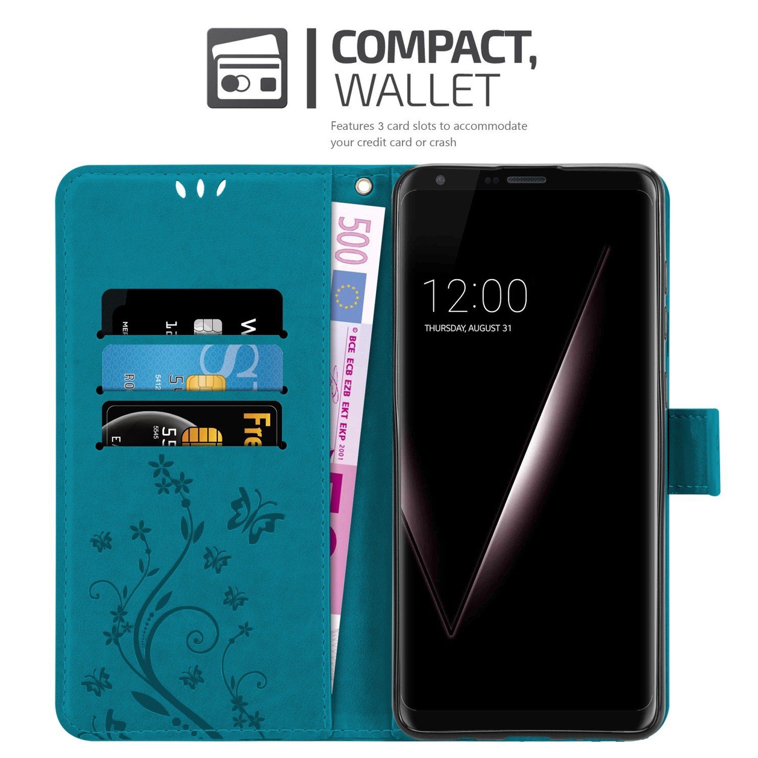 Cadorabo Handyhülle für LG V30 / V30+ / V30S / V30S+ Hülle LG V30 / V30+ / V30S / V30S+, Hülle Schutzhülle Blumen Flower mit Standfunktion Kartenfach Magnet