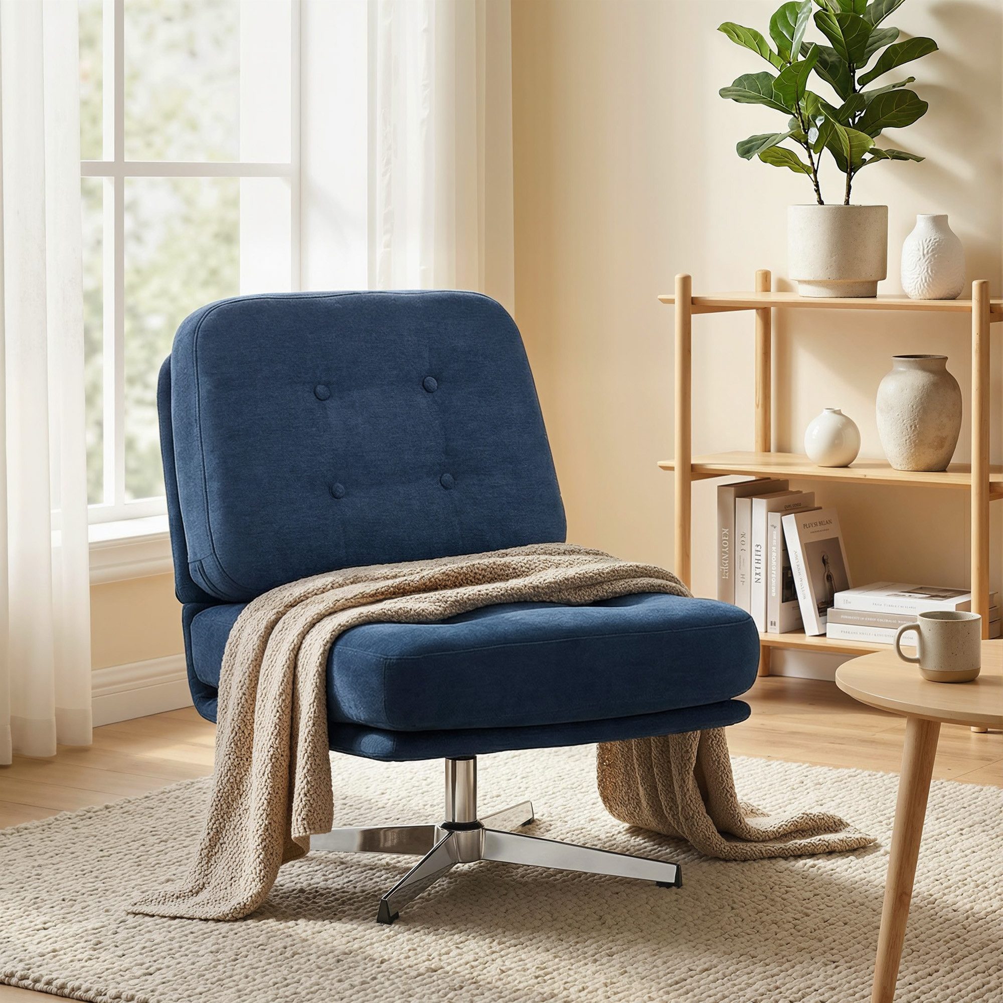 REDOM Relaxsessel Polsterstuhl mit Federkissen, breiter Sitz für komfortables Sitzen (1-St., Wohnzimmer Sessel Metallbeine, moderner Relax- und Drehstuhl), Akzentstuhl drehbar Chenille Lesesessel blau 70x87x84cm