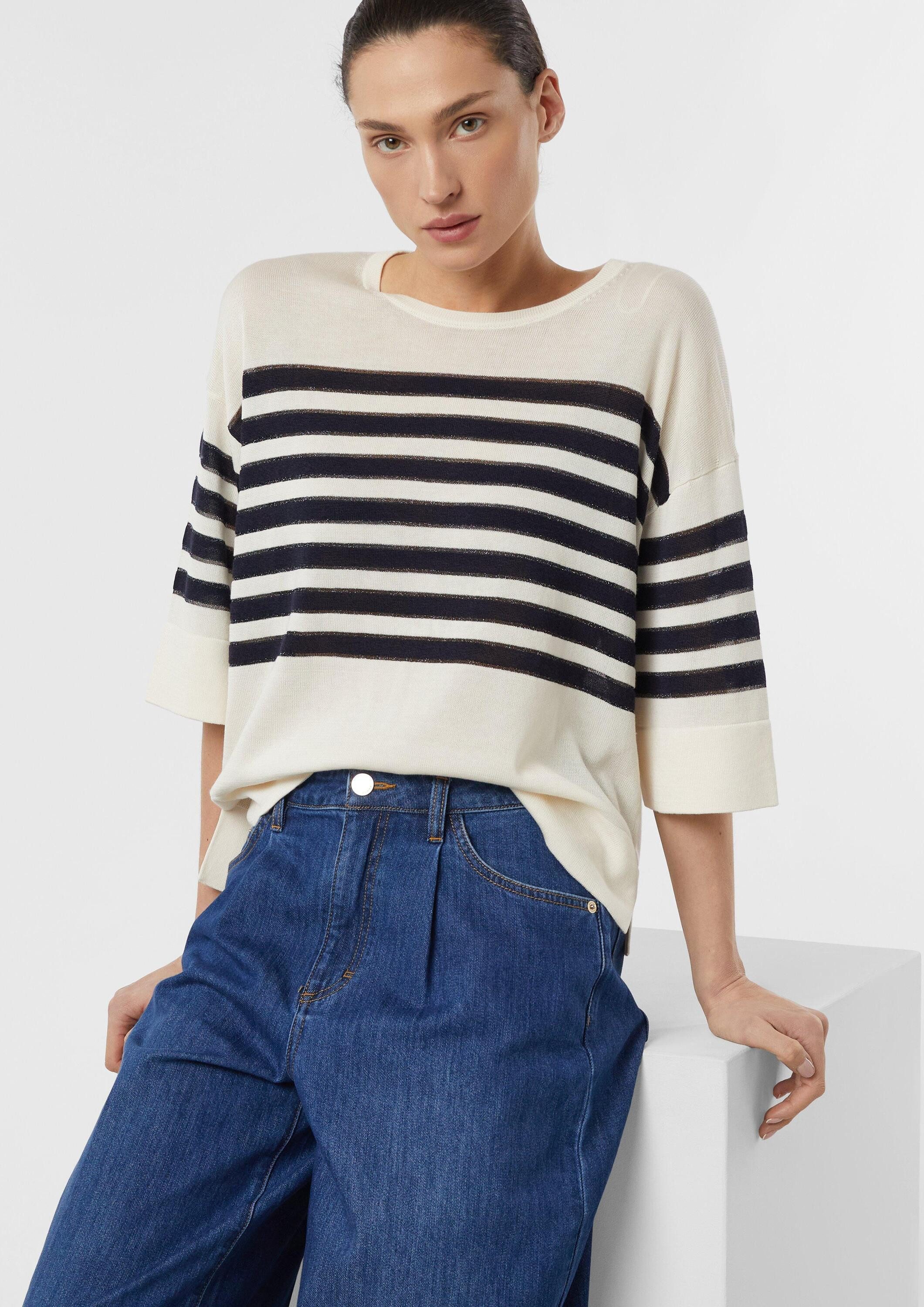 comma Kurzarmpullover Strickpullover Gestreifter Feinstrickpullover mit dezentem Glitzergarn