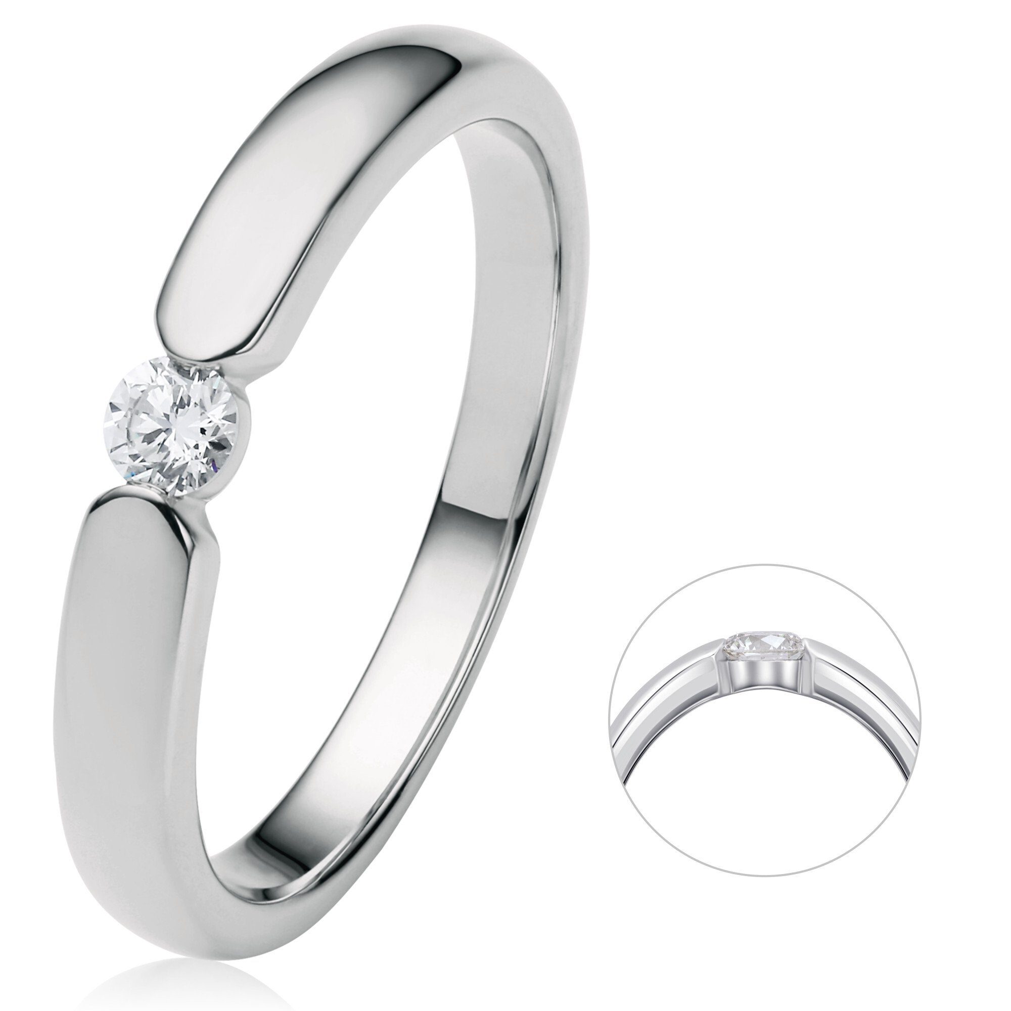 ONE ELEMENT Diamantring 0.13 ct Diamant Brillant Spannfassung Ring aus 750 Weißgold, Damen Gold Schmuck Spannfassung