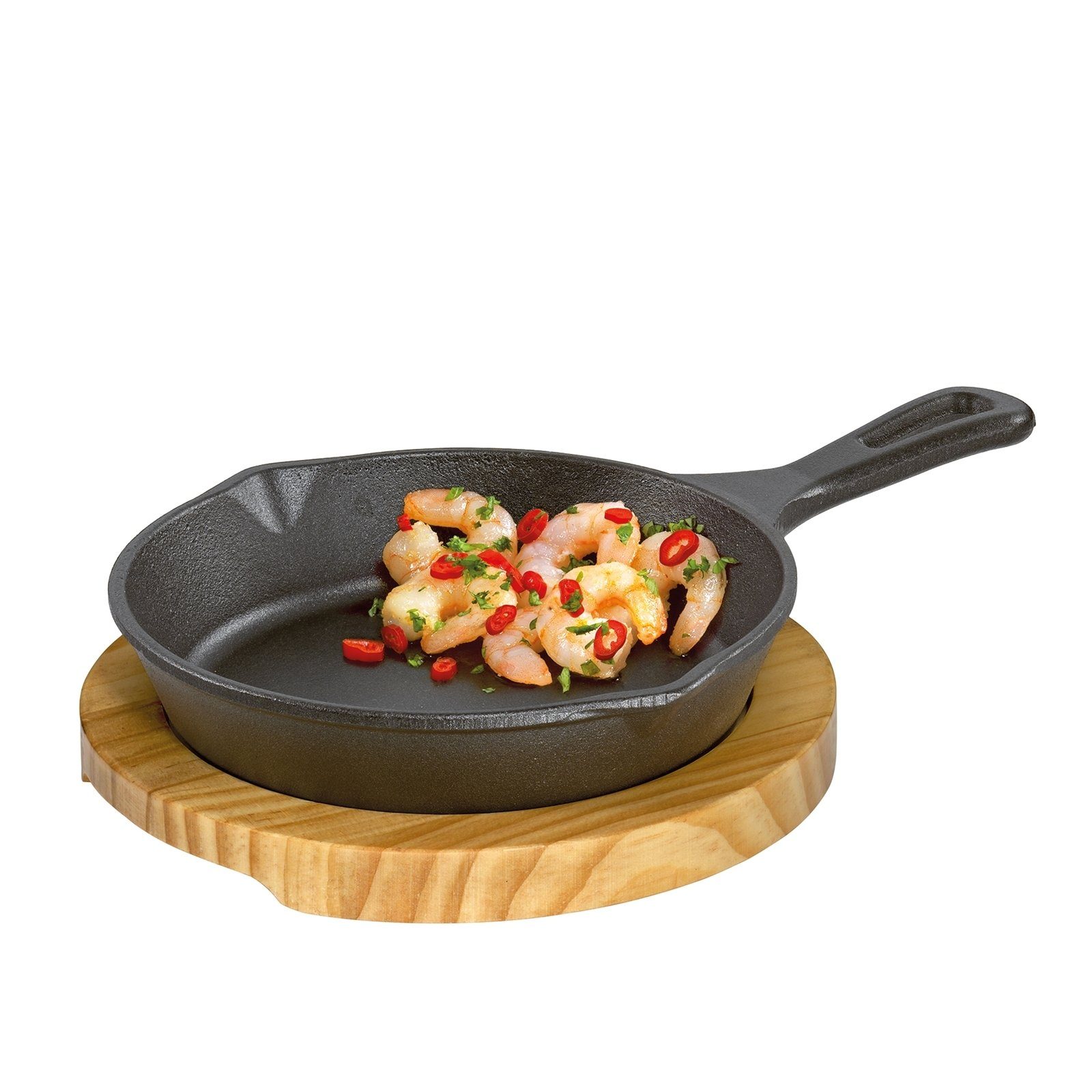 Pfannen-Set Pfanne Gusseisen, rund mit Holzbrett