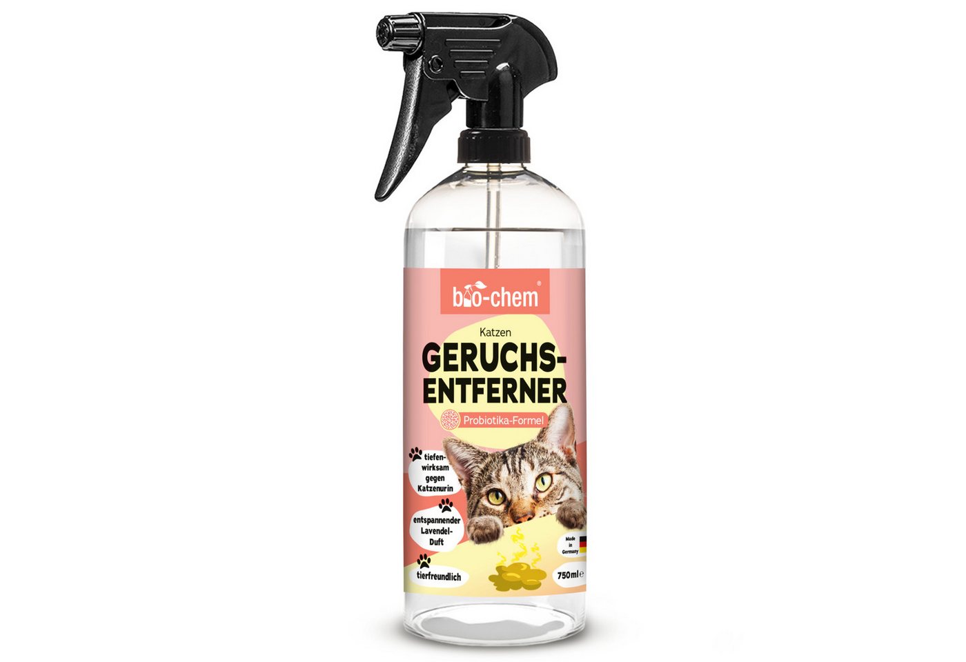 bio-chem Geruchsentferner Enzymreiniger Katzenurin 750 ml mit Mikroorganismen gegen Tiergerüche (1x Geruchsentferner Katze 0.75 l Handsprayflasche)