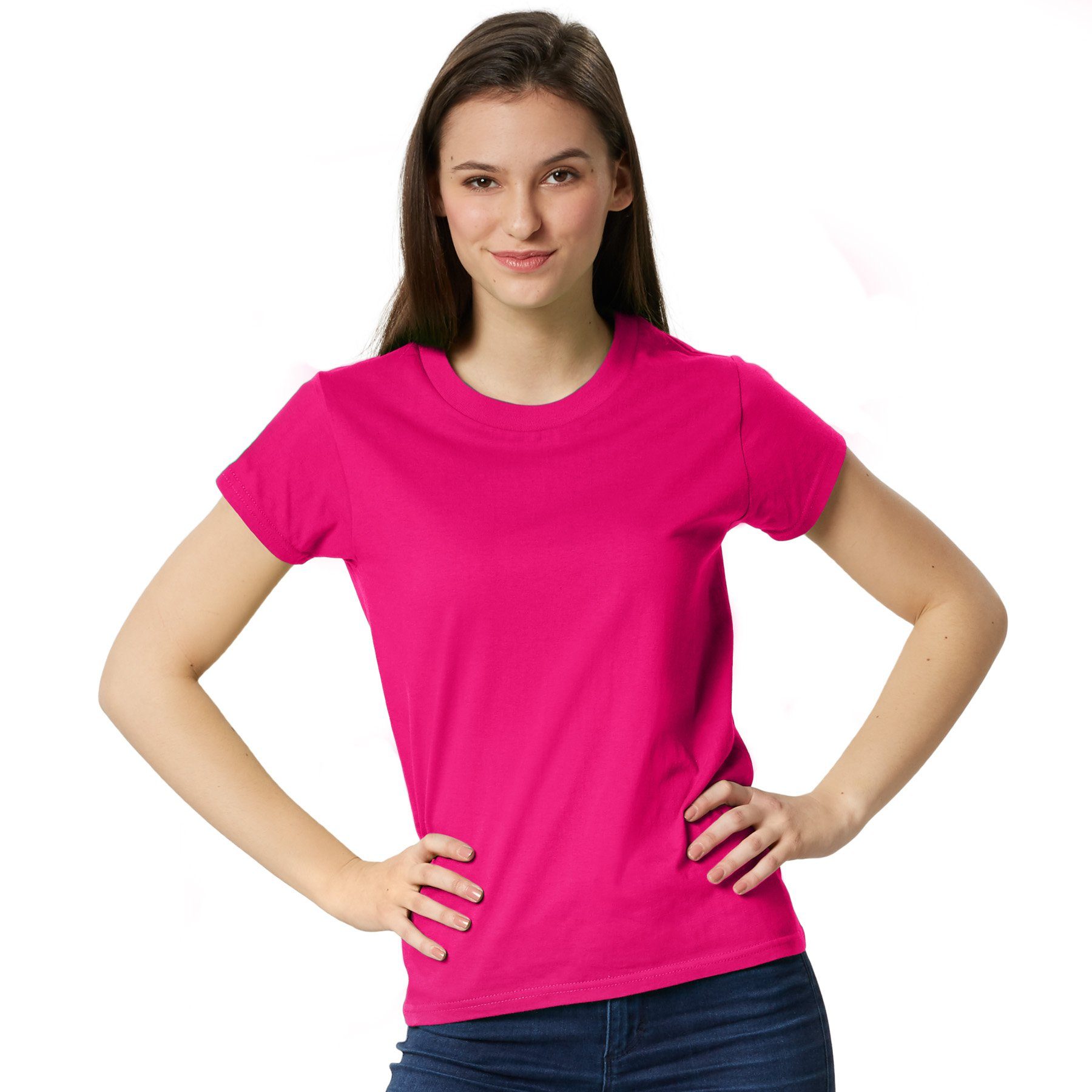 dressforfun T-Shirt Kurzarmtop, Für viele Outfits & Auftritte, Rundhals mit (Freizeitoberteil, Konfektionsgröße L in pink) Einfarbiges T-Shirt für Frauen, Fester Stoff, hoher Tragekomfort