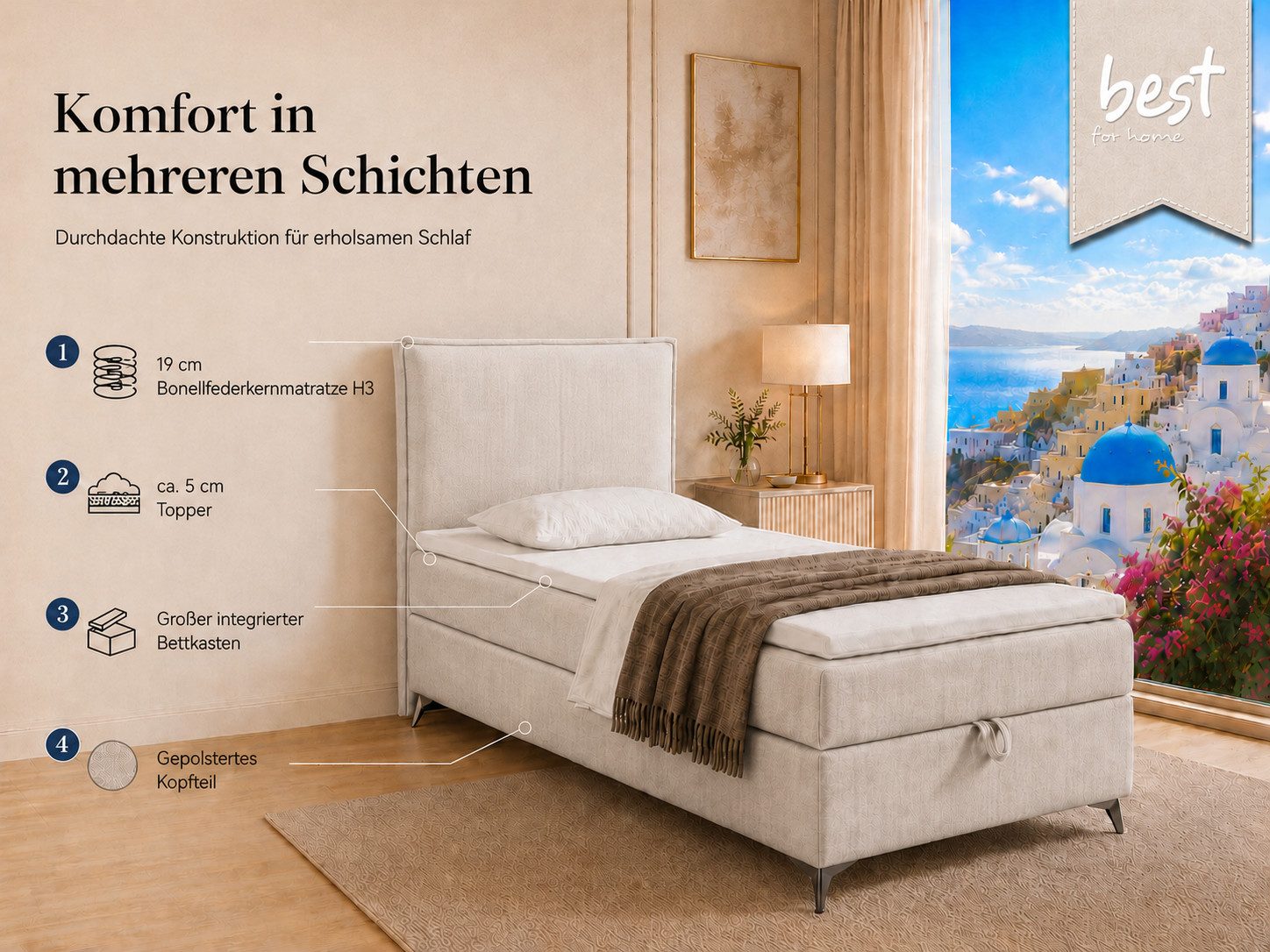 Best for Home Boxspringbett K16 Single SLIM mit Bettkasten & Bonellfederkernmatratze, Topper H3 (Einzelbett, Polsterbett, Juniorbett, Hotelbett, versch. Größen, 1-St., 70x200 80x200 90x200 100x200 cm), mit oder ohne Topper, Flexible Liefermöglichkeiten, Handwerksqualität