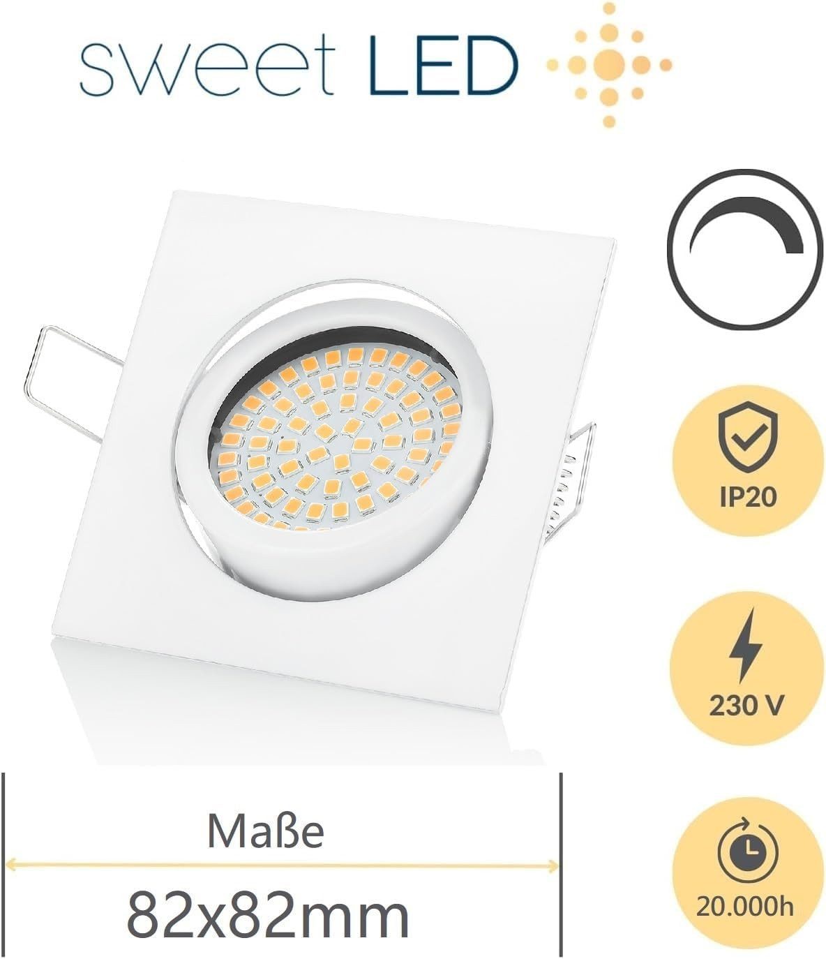 Sweet LED LED Einbaustrahler 6er SET 5W 230V 3000K dimmbar LED Einbauspots eckig schwenkbar Weiß, 3000K, Warmweiß, Deckenspots, 82x82 mm, Einbauleuchten