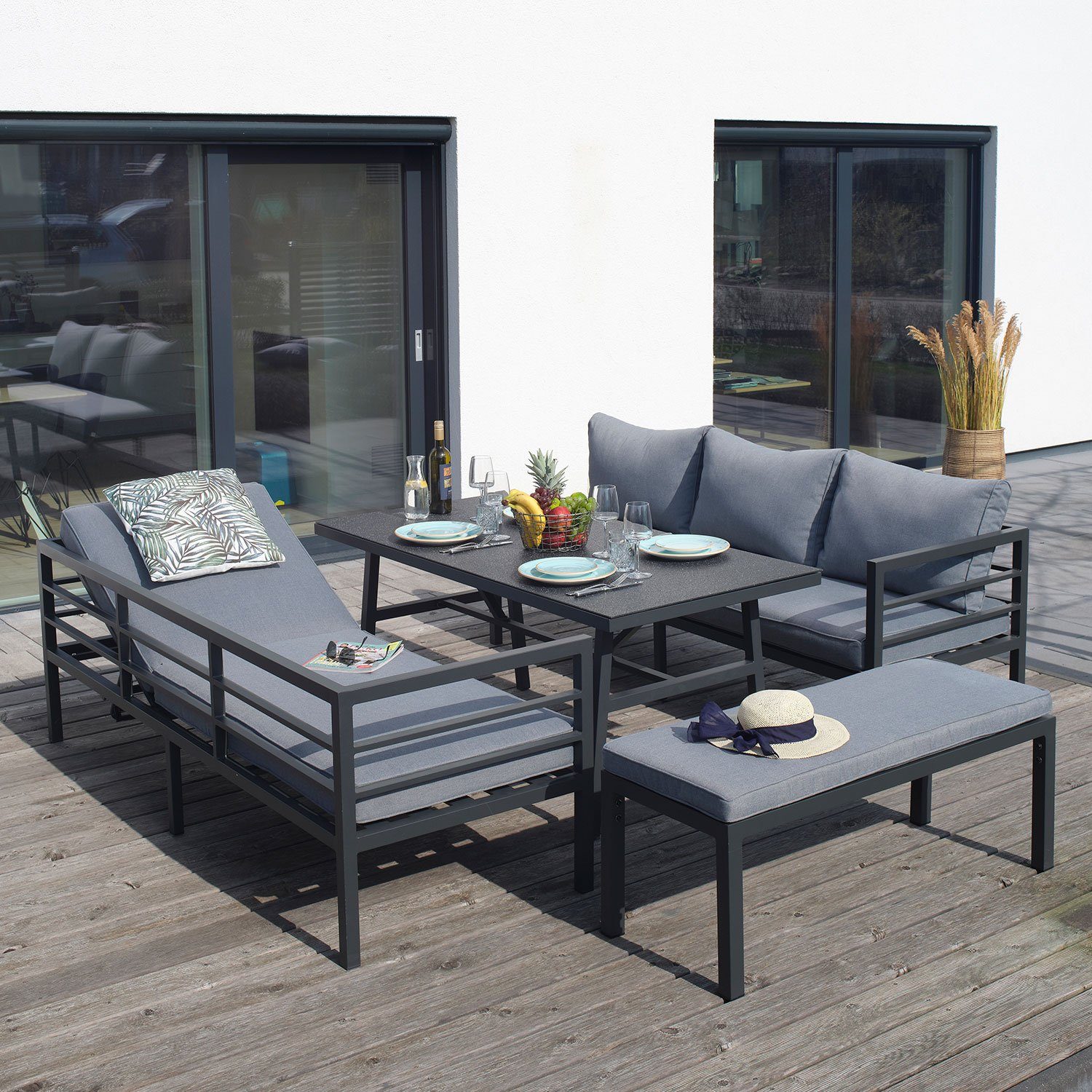 Green Spirit Loungeset Garten Sitzgruppe Maia, grau, (Set, 4-tlg., Essgruppe für 7-8 Personen), Gartenmöbel Set Ecklounge, ein Gartensofa mit verstellbarem Kopfteil, als Sonnenliege verwendbar