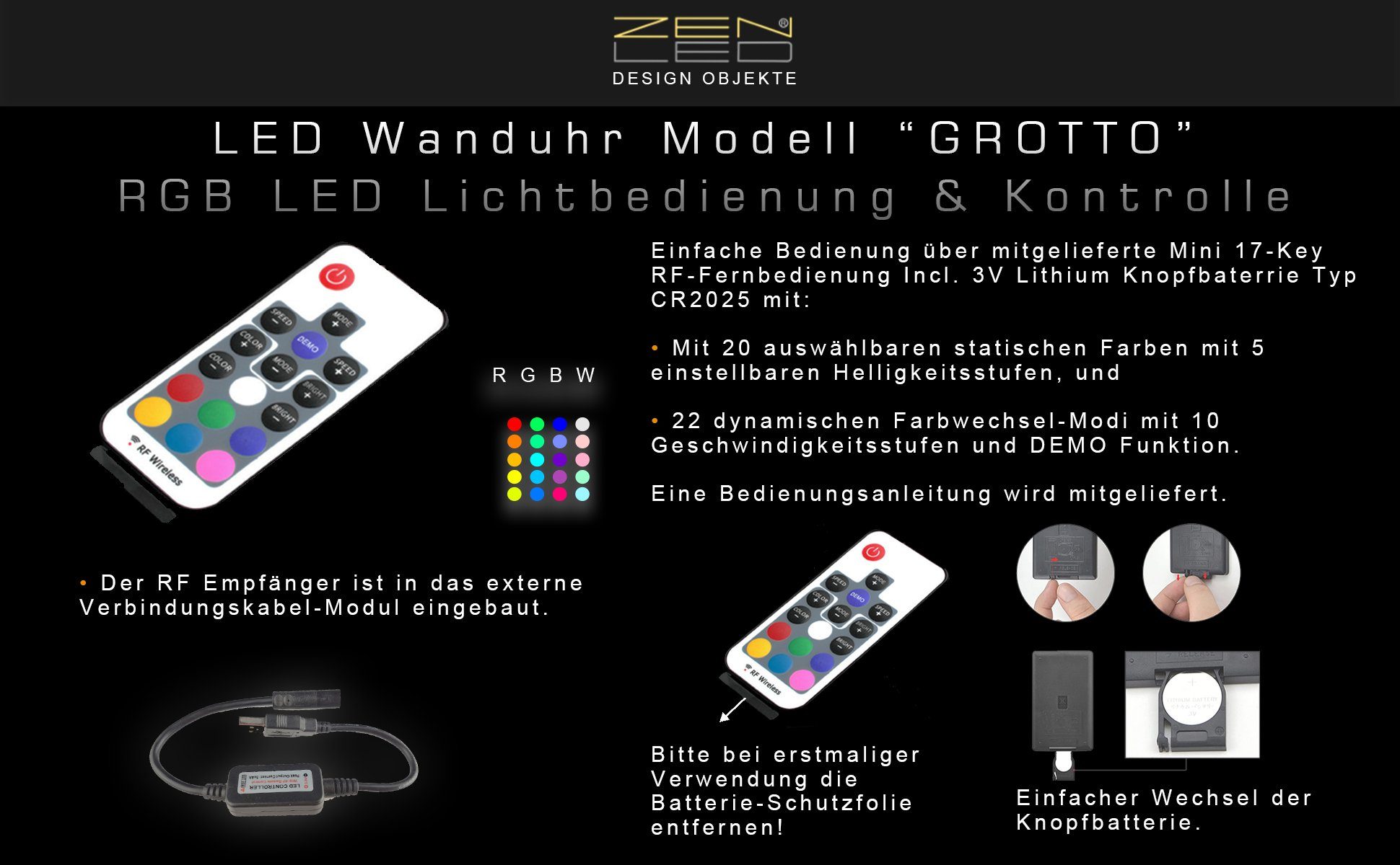 ZENLED Wanduhr Arabischen ALU 40cm RGB Holz ECKIG (ausgeleuchtet Designer über Fernbedienung) Lichtobjekt Ziffern Schwarz mit 3D-Effekt mehrfarbig in mit steuerbaren GROTTO Alu LEDs luxus - mit