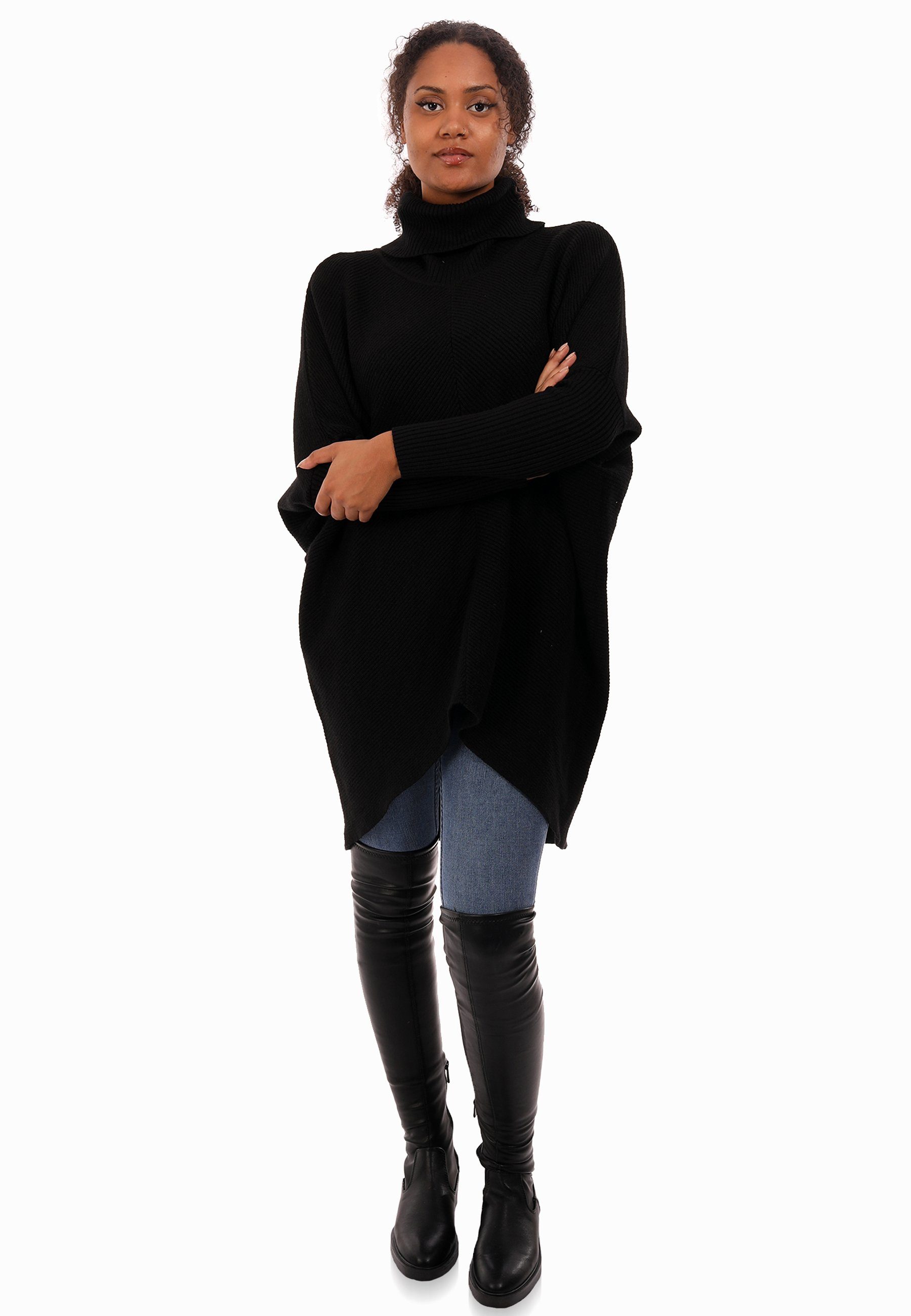 (1-tlg) in überschnittenen & Fashion Size mit YC mit schwarz Style Rollkragen Unifarbe, asymmetrisch Strickpullover Schultern Plus Longpullover