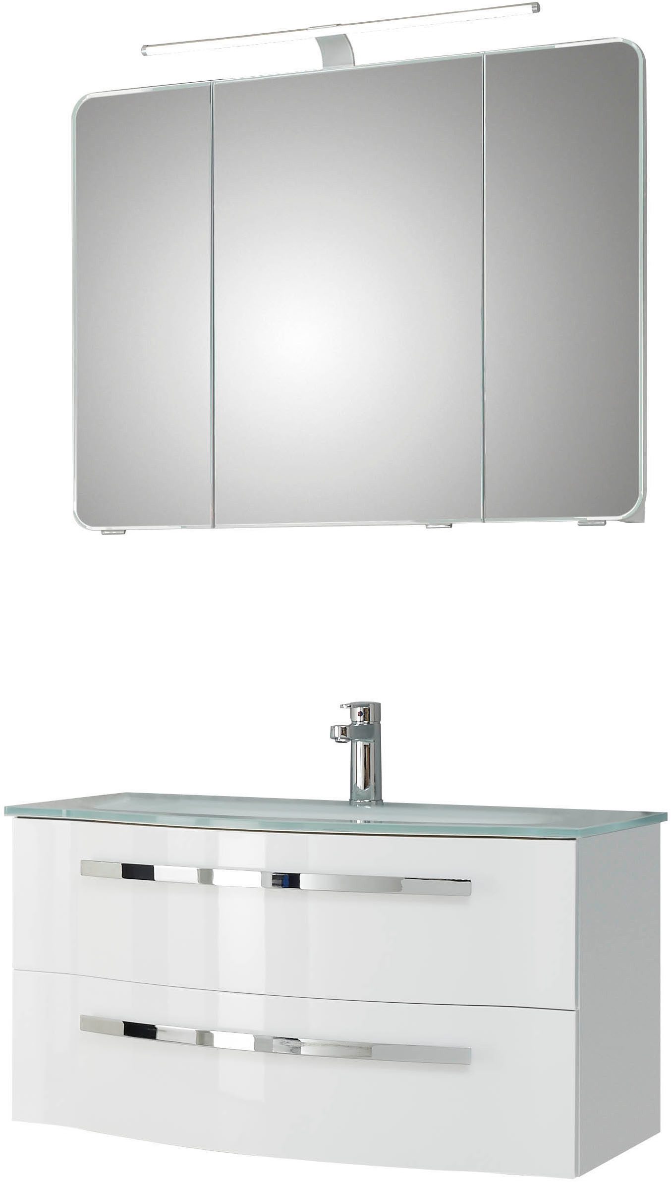 Saphir Badmöbel-Set Serie 4005, vormontiert, Glaswaschbecken, Spiegelschrank, (Set, 3-St), Badezimmer-Set mit Unterschrank, Hängeschrank, inkl. Türdämpfer